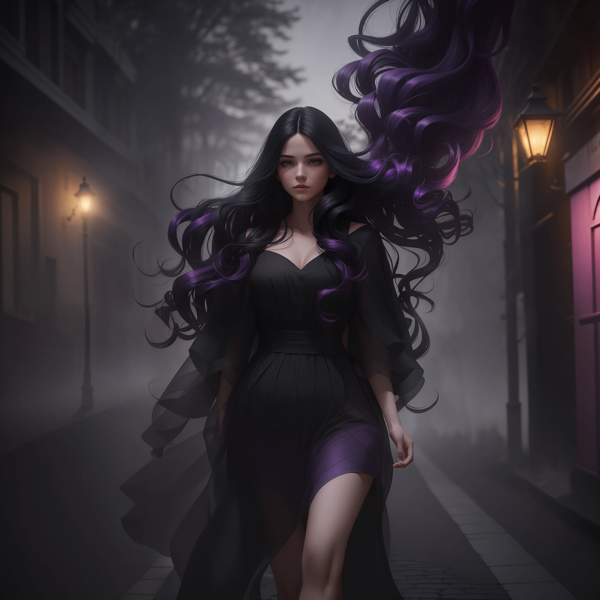 Woman walking head-on down a road at night, with fog and shadows, wavy and long black hair, detailed hand and fingers, high quality, ultra-detailed, 8k, masterpiece, (volumetric lighting), black magic, fanciful, lilac colors, purple, black and vivid shadows on the woman's return. --auto --s2