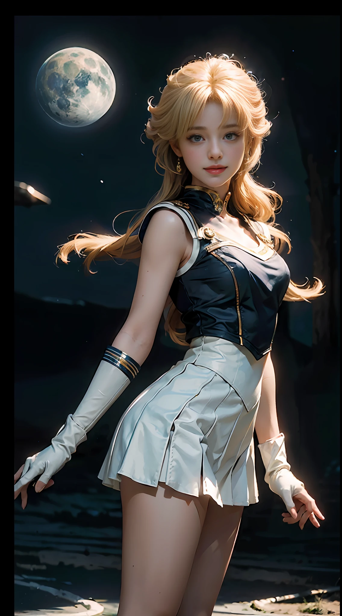 (CG Unity 8K wallpaper with extreme detail, masterpiece, highest quality), (exquisite lighting and shadow, highly dramatic picture, cinematic lens effect), (Sailor Moon: 1.1), charming smile, double tail, vibrant blue eyes, looking at the viewer with blond hair, white tight-fitting top, white gloves, mini skirt, dynamic pose), the background is the universe (excellent detail, excellent lighting, wide angle), (excellent rendering, enough to stand out in its class),
