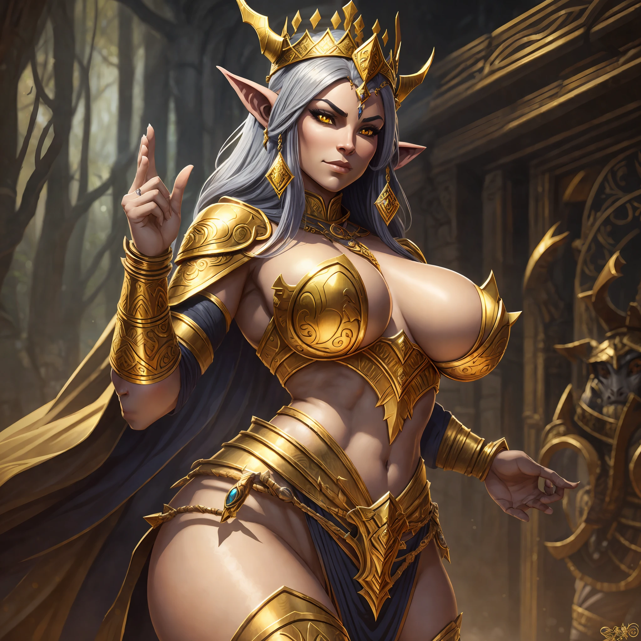 beautiful female orc queen, with big thighs, nice hips, nice waist, big breasts, flowing hair, wearing animal skin clothes,pelvial drape, golden crown, animal skin cloak, golden armor and adorned with animal bones , 8k ultra realistic --auto --s2