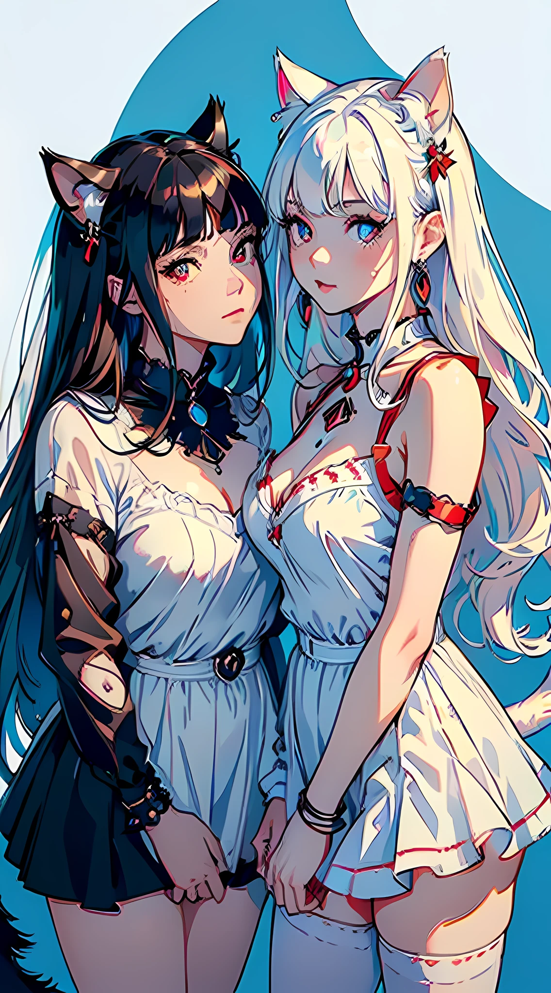 (best quality, masterpiece), ((Super ultra detailed)),(illustration), (Super masterpiece), extremely delicate and beautiful, (animated), (extremely detailed 8k CG), high resolution, (perfect finger), perfect hands, (detailed anatomy), ((2 girl)), (bottle bottom: 0.9), absurdities, ray tracing, shiny, ((white hair, red eyes, casual clothes, red jewelry, white cat ears, white cat's tail, cute girl)), ((black hair,  blue eyes, casual clothes, blue jewelry, black cat ears, black cat tail, cute girl)), (((background red theme|blue theme)))), mole under the eye, beautiful detailed eyes, beautiful eyes, bright eyes, beautiful detailed shading, beautiful detailed brightness, authentic and detailed face, ((detailed anatomy)), (pixiv)
