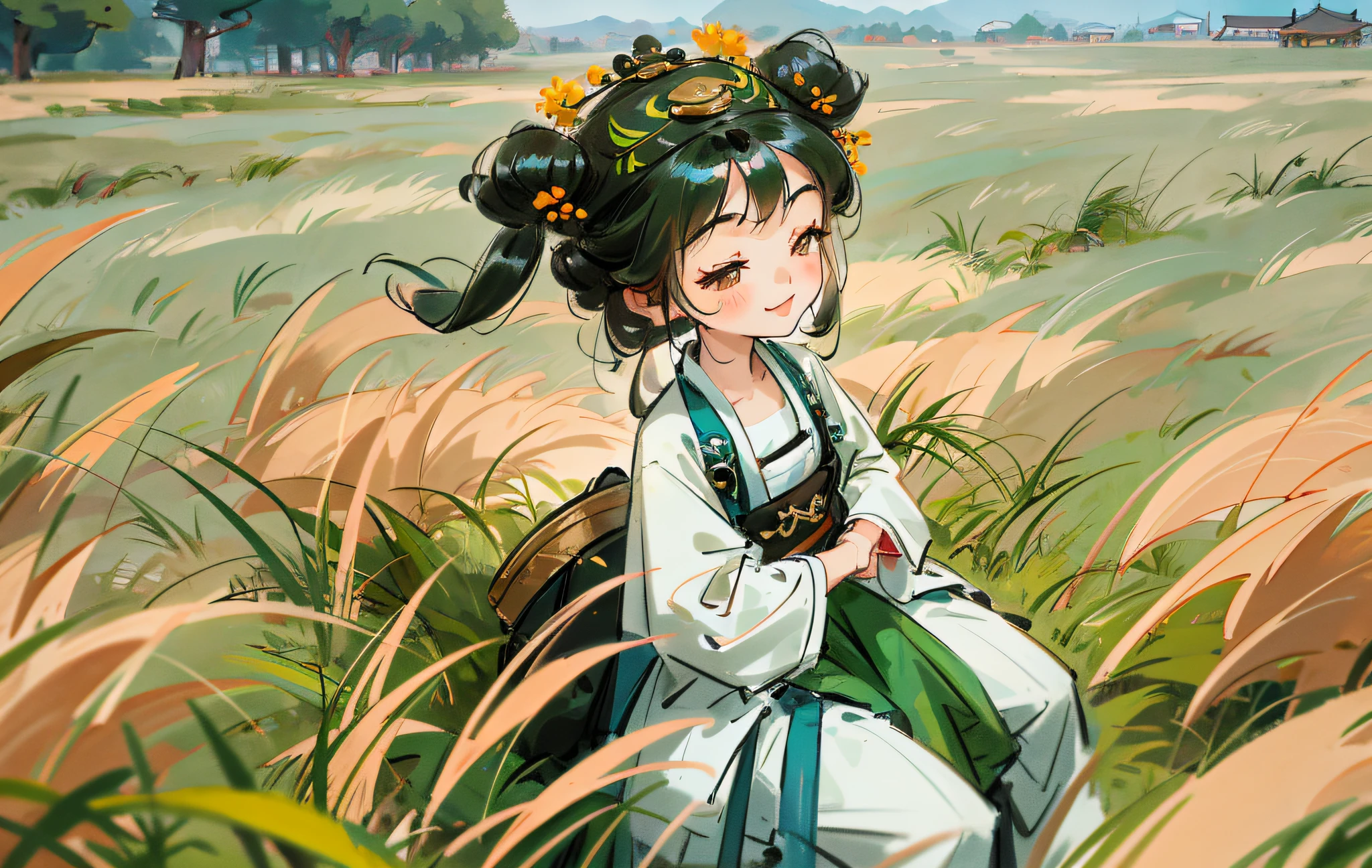 there is a young girl sitting in the tall grass smiling, young asian girl, chinese girl, cute young girl, li zixin, xue han, young girl, in a grassy field, xintong chen, asian girl, lulu chen, in a open green field, in a grass field, portrait of cute girl, qiu fang, ???