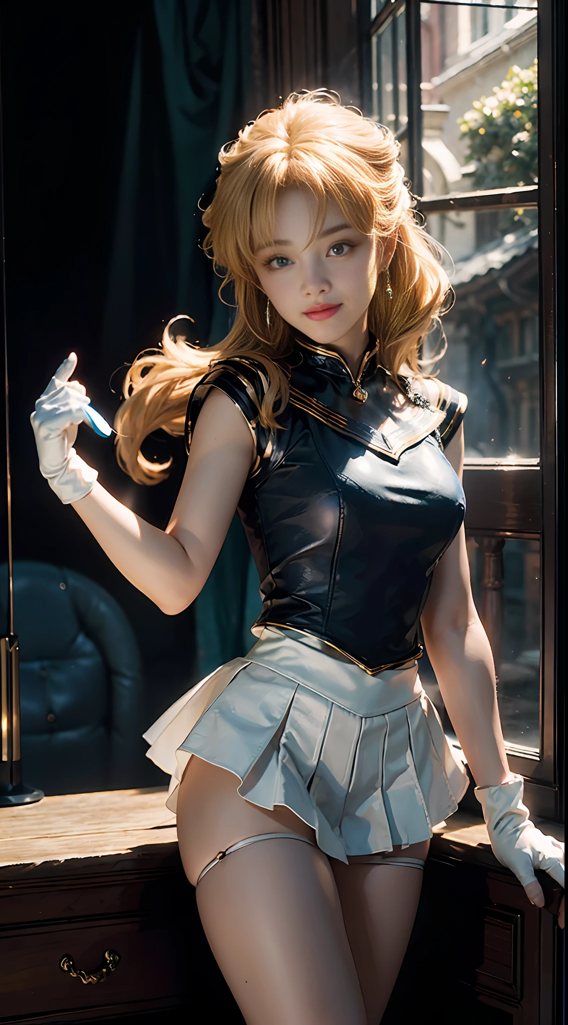 (CG Unity 8K wallpaper with extreme detail, masterpiece, highest quality), (exquisite lighting and shadow, highly dramatic picture, cinematic lens effect), (Sailor Moon: 1.1), charming smile, double tail, vibrant blue eyes, looking at the viewer with blond hair, white tight-fitting top, white gloves, mini skirt, dynamic pose), the background is the universe (excellent detail, excellent lighting, wide angle), (excellent rendering, enough to stand out in its class),