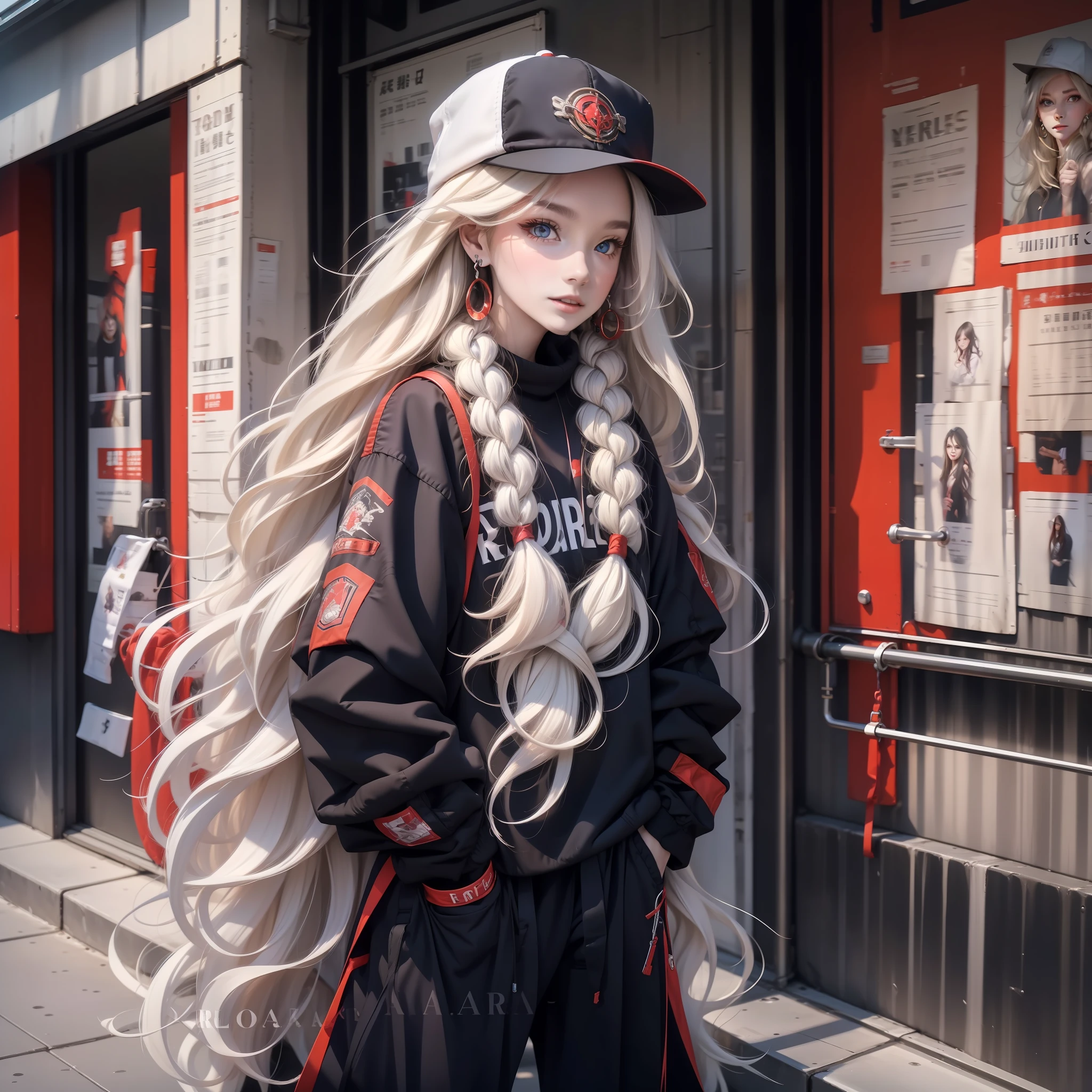 1girl,long hair,solo,jewelry,earrings,pants,hat,bag,red pants,looking at viewer,hands in pockets,lips,long sleeves,standing,very long hair,black headwear,white hair,blue eyes,blonde hair,wavy hair,baseball cap,sweater,shoulder bag,