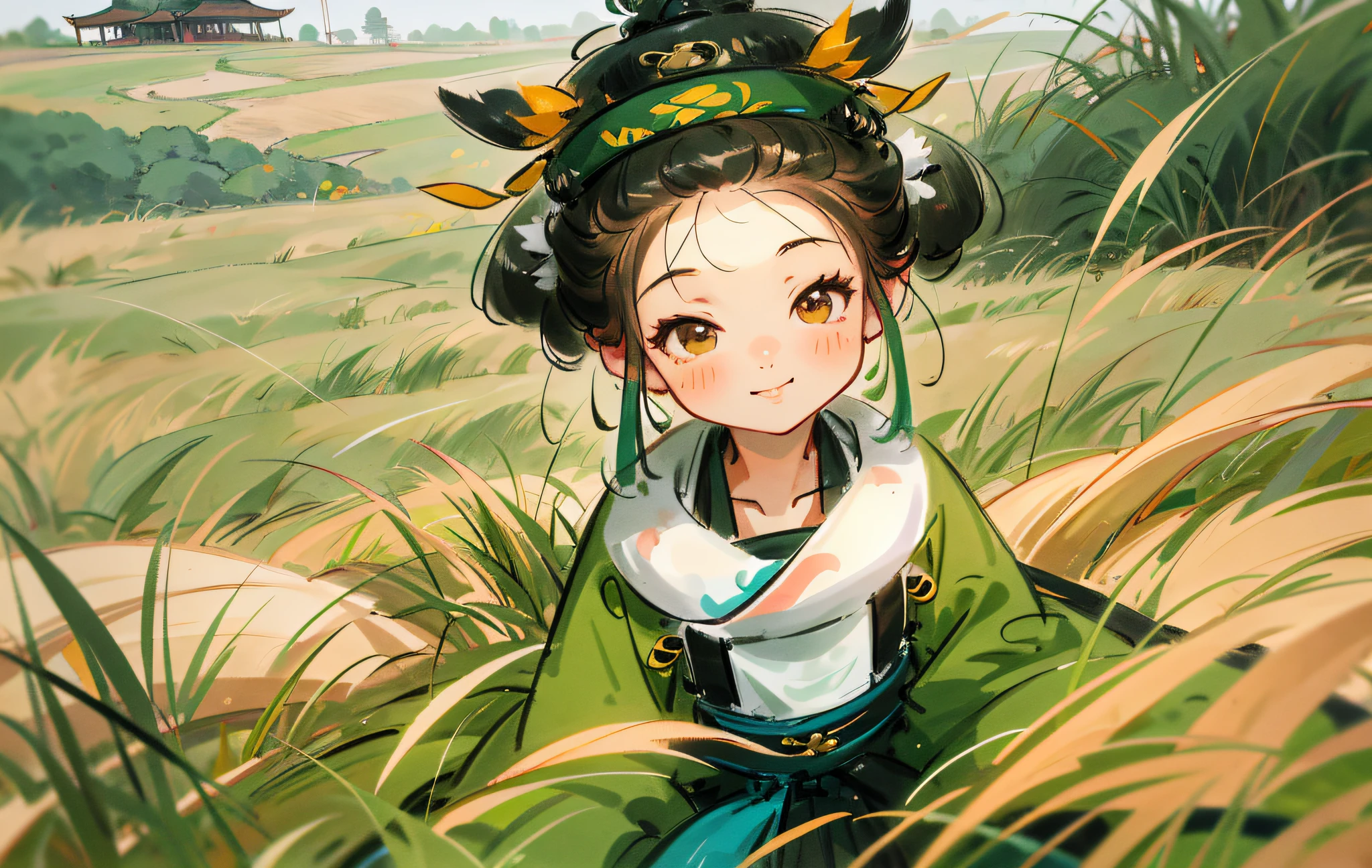 there is a young girl sitting in the tall grass smiling, young asian girl, chinese girl, cute young girl, li zixin, xue han, young girl, in a grassy field, xintong chen, asian girl, lulu chen, in a open green field, in a grass field, portrait of cute girl, qiu fang, kid
