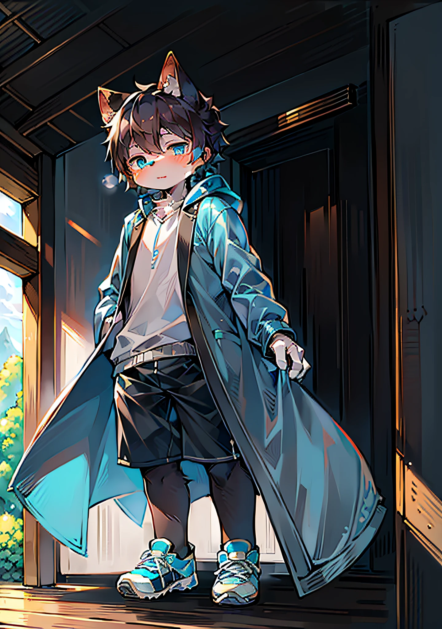 (Light Environment: 0.8), Masterpiece, High Quality, Abstract Res, Digital Painting\(Artwork\), by Dagasi, Yupa, Kiyosan, (Anthro, Fluffy Fur, Character Focus: 1.1), Anthro Male Cat, Short Hair, Portrait , bright eyes, panorama, character focus. ( Solo, Furry, Furry Male, Cat, Black Fur, Gray Pattern, Blue Coat, Fluffy Shorts, Blue Eyes, Black Hair, Shoes, Wide Coat, White Shirt, Introvert, Silence,