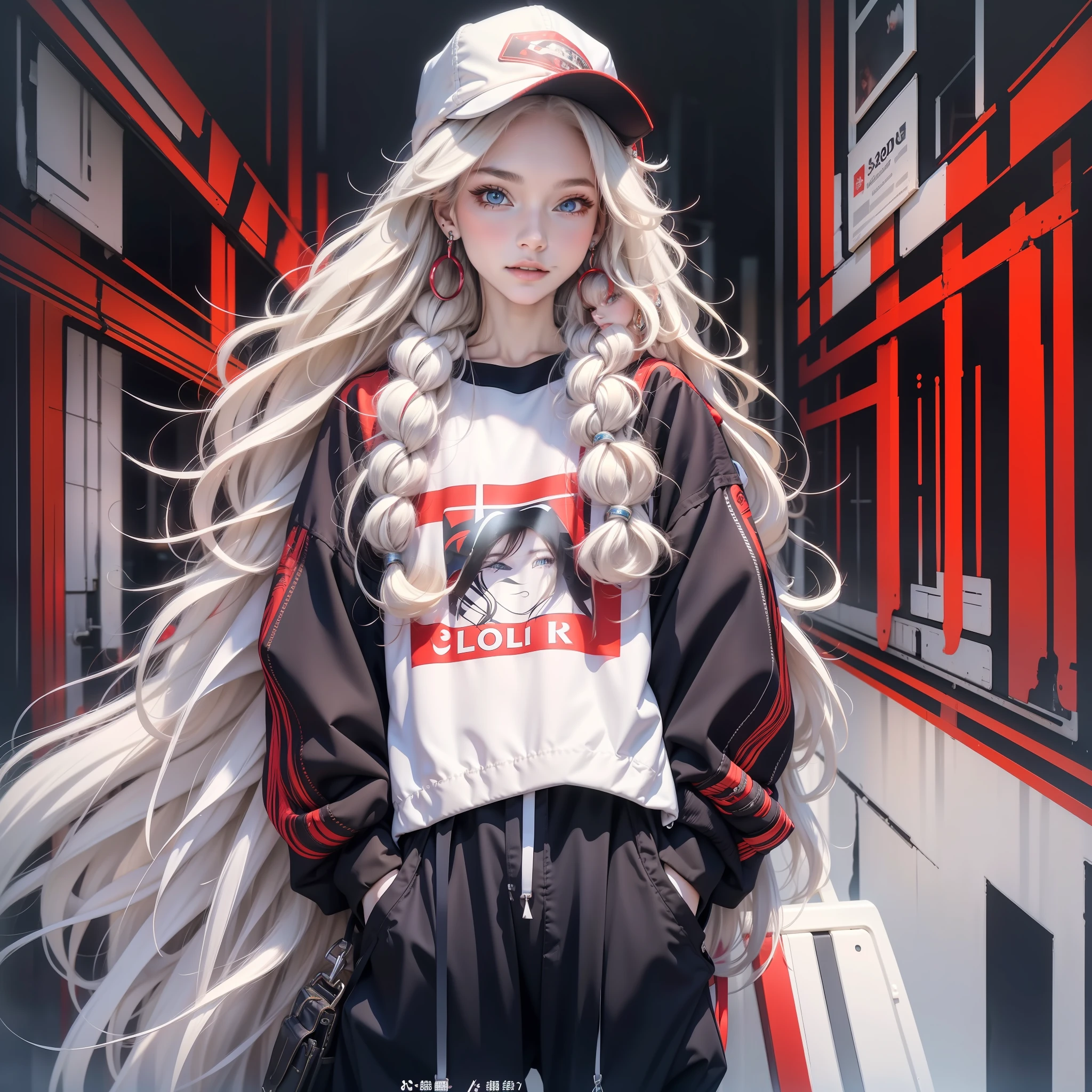 1girl,long hair,solo,jewelry,earrings,pants,hat,bag,red pants,looking at viewer,hands in pockets,lips,long sleeves,standing,very long hair,black headwear,white hair,blue eyes,blonde hair,wavy hair,baseball cap,sweater,shoulder bag,