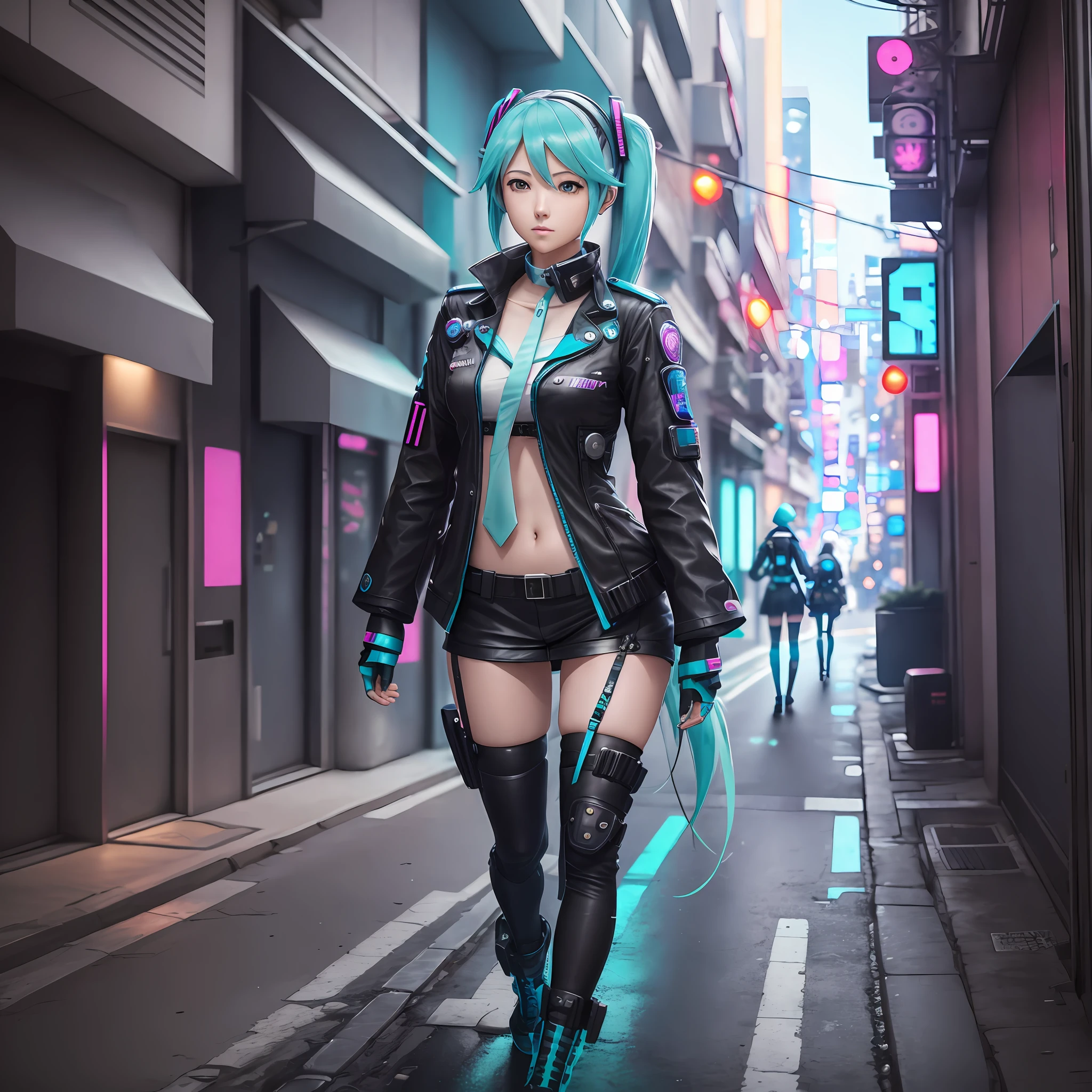 woman in police uniform walking down a street, Hatsune Miku cosplay, female cyberpunk anime girl, cyberpunk anime, cyberpunk anime girl, anime cosplay, cyberpunk girl, anime girl in real life, cyberpunk streets in, cyberpunk style, cyberpunk outfit, has cyberpunk style, oppai cyberpunk, full cosplay --auto --s2