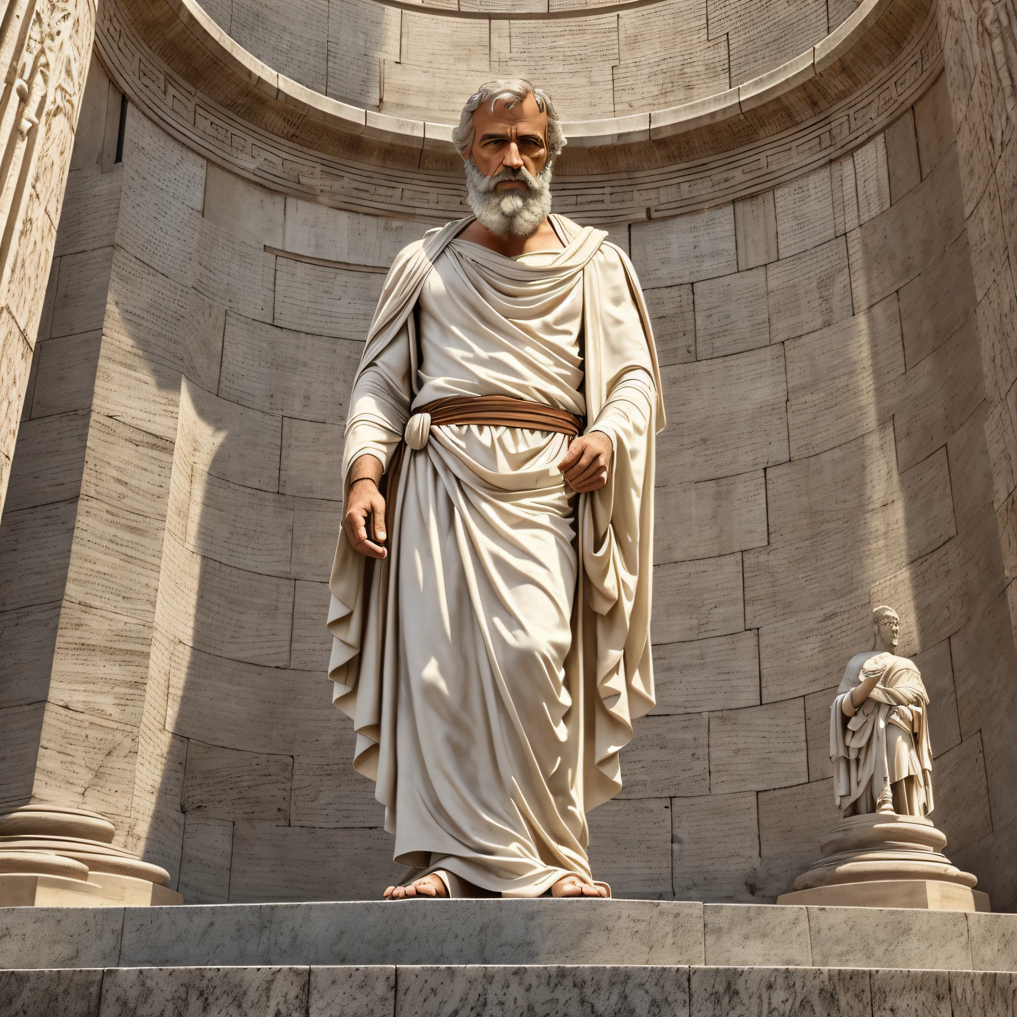 a closeup of a man with a robe standing in front of a building, man from ancient Rome, stoicism, stoic attitude, Archimedes, Roman toga, portrait of Aristotle, philosopher, wearing a toga, --auto --s2