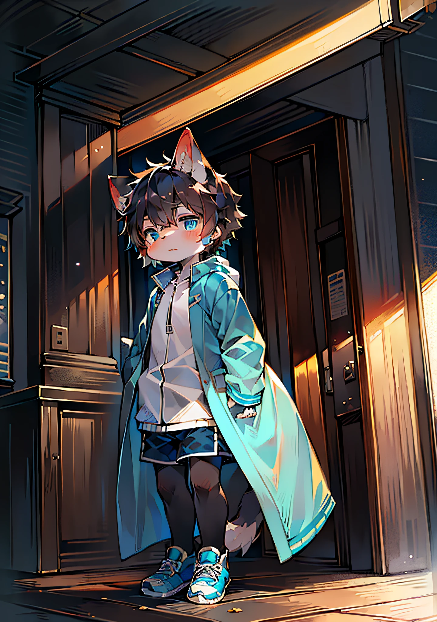 (Light Environment: 0.8), Masterpiece, High Quality, Abstract Res, Digital Painting\(Artwork\), by Dagasi, Yupa, Kiyosan, (Anthro, Fluffy Fur, Character Focus: 1.1), Anthro Male Cat, Short Hair, Portrait , bright eyes, panorama, character focus. ( Solo, Furry, Furry Male, Cat, Black Fur, Gray Pattern, Blue Coat, Fluffy Shorts, Blue Eyes, Black Hair, Shoes, Wide Coat, White Shirt, Introvert, Silence,