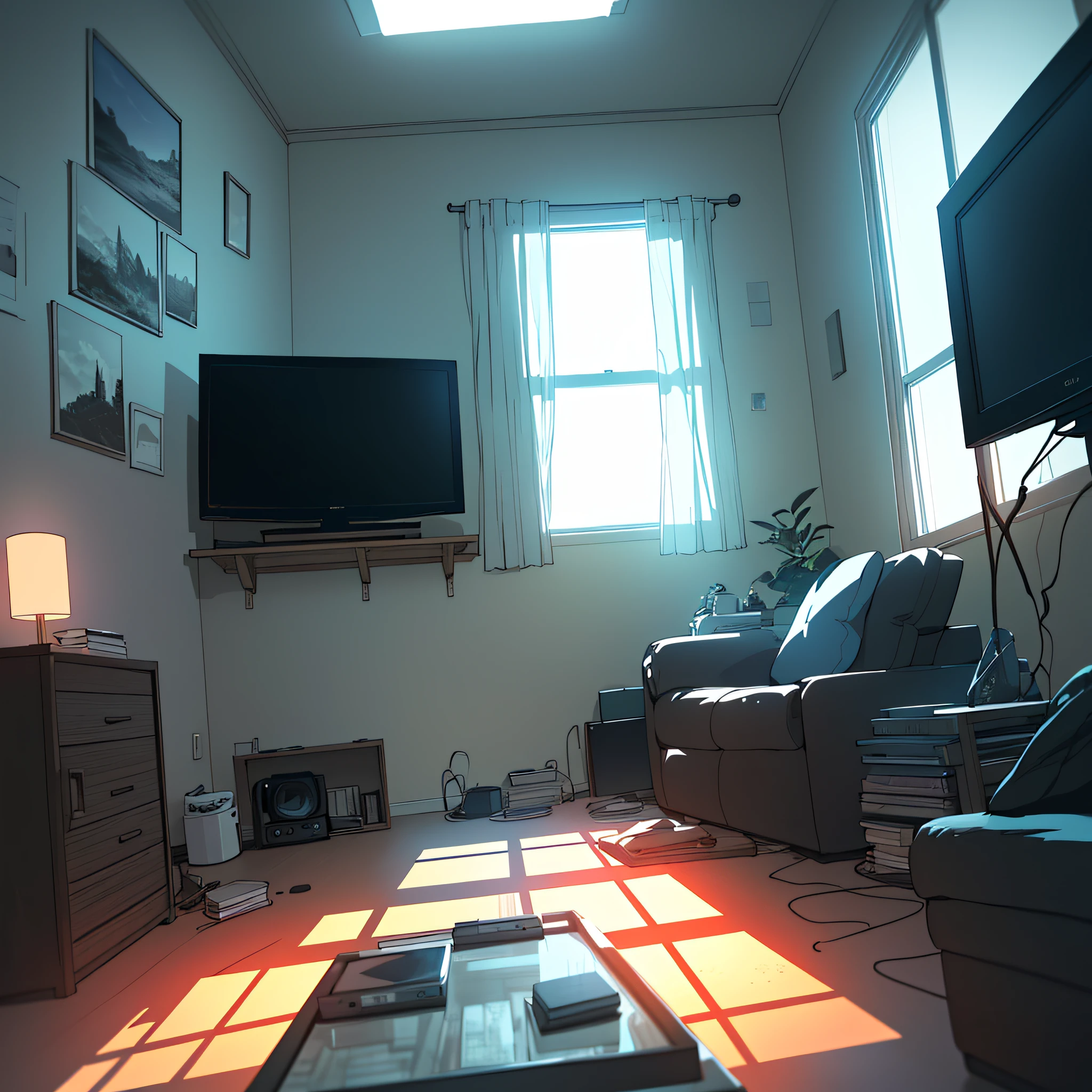 (Picture of our tip): A living room with a TV with news. (5 descriptive keywords): thriller, panic, contrast, restlessness, atmosphere. (Illustration style): Makoto Shinkai. (Camera lens type): Wide-angle lens. (Time of day): Evening. (illustration style): Evocative realism.
