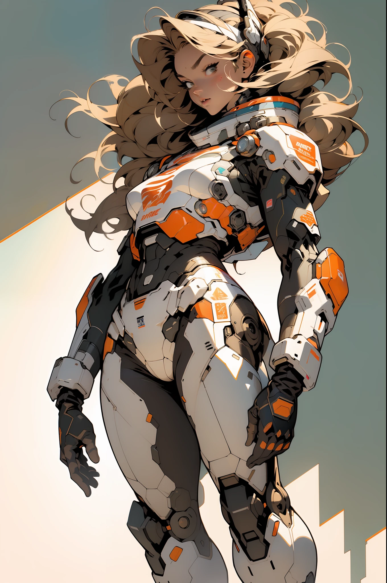 ((Best quality)), ((masterpiece)), (detailed: 1.4), (Absurd), (((full body)), (((woman))), 35-year-old woman, Beautiful muscular woman, giant robot pilot, wild with perfect body, wearing little clothing, tiny thong, clothing with Japanese graphic patterns, halftone pattern and vertical stripes, earth tone, coming out of the body of a giant robot