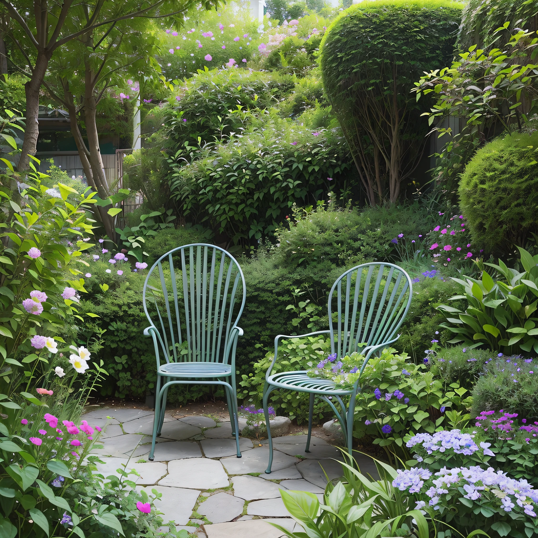 There is a chair sitting in a small garden, lush chic garden, green terrace, garden setting, lush garden setting, backyard garden, home garden, garden, elegant flowers, English garden, outdoor design, garden setting, there is a garden, lush greenery, lush garden in the background, zen garden, beautiful aesthetic design, plants and courtyard