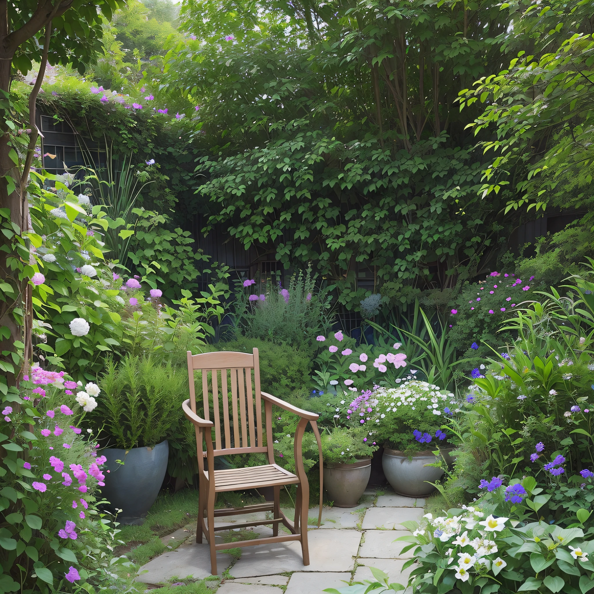There is a chair sitting in a small garden, lush chic garden, green terrace, garden setting, lush garden setting, backyard garden, home garden, garden, elegant flowers, English garden, outdoor design, garden setting, there is a garden, lush greenery, lush garden in the background, zen garden, beautiful aesthetic design, plants and courtyard