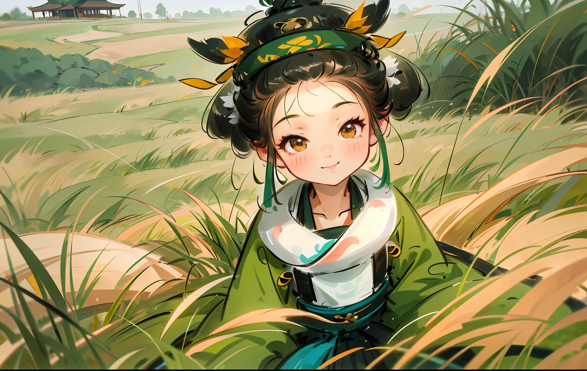 there is a young girl sitting in the tall grass smiling, young asian girl, chinese girl, cute young girl, li zixin, xue han, young girl, in a grassy field, xintong chen, asian girl, lulu chen, in a open green field, in a grass field, portrait of cute girl, qiu fang, kid