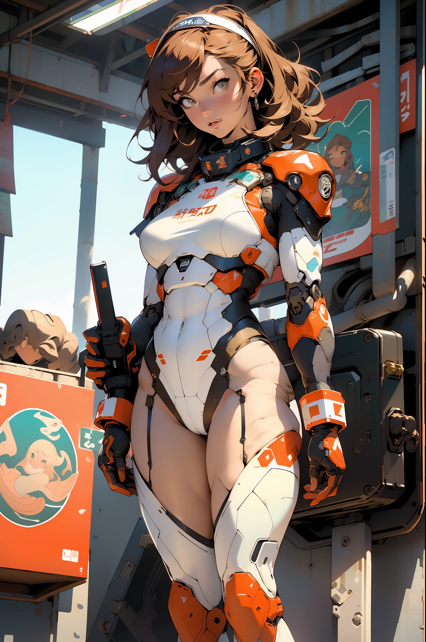 ((Best quality)), ((masterpiece)), (detailed: 1.4), (Absurd), (((full body)), (((woman))), 35-year-old woman, Beautiful muscular woman, giant robot pilot, wild with perfect body, wearing little clothing, tiny thong, clothing with Japanese graphic patterns, halftone pattern and vertical stripes, earth tone, coming out of the body of a giant robot
