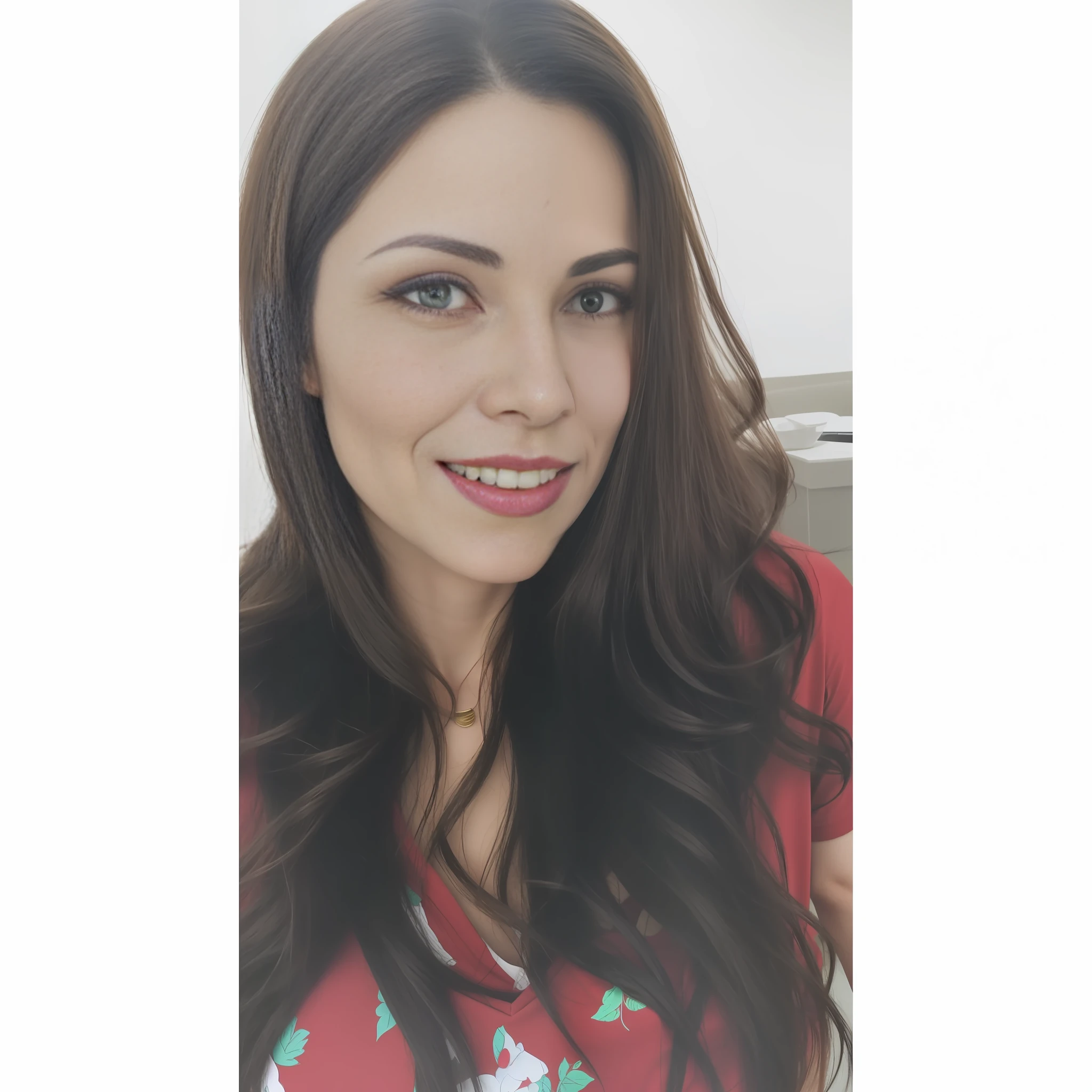 There's a woman with long hair and a red shirt, 40 years old, big breasts