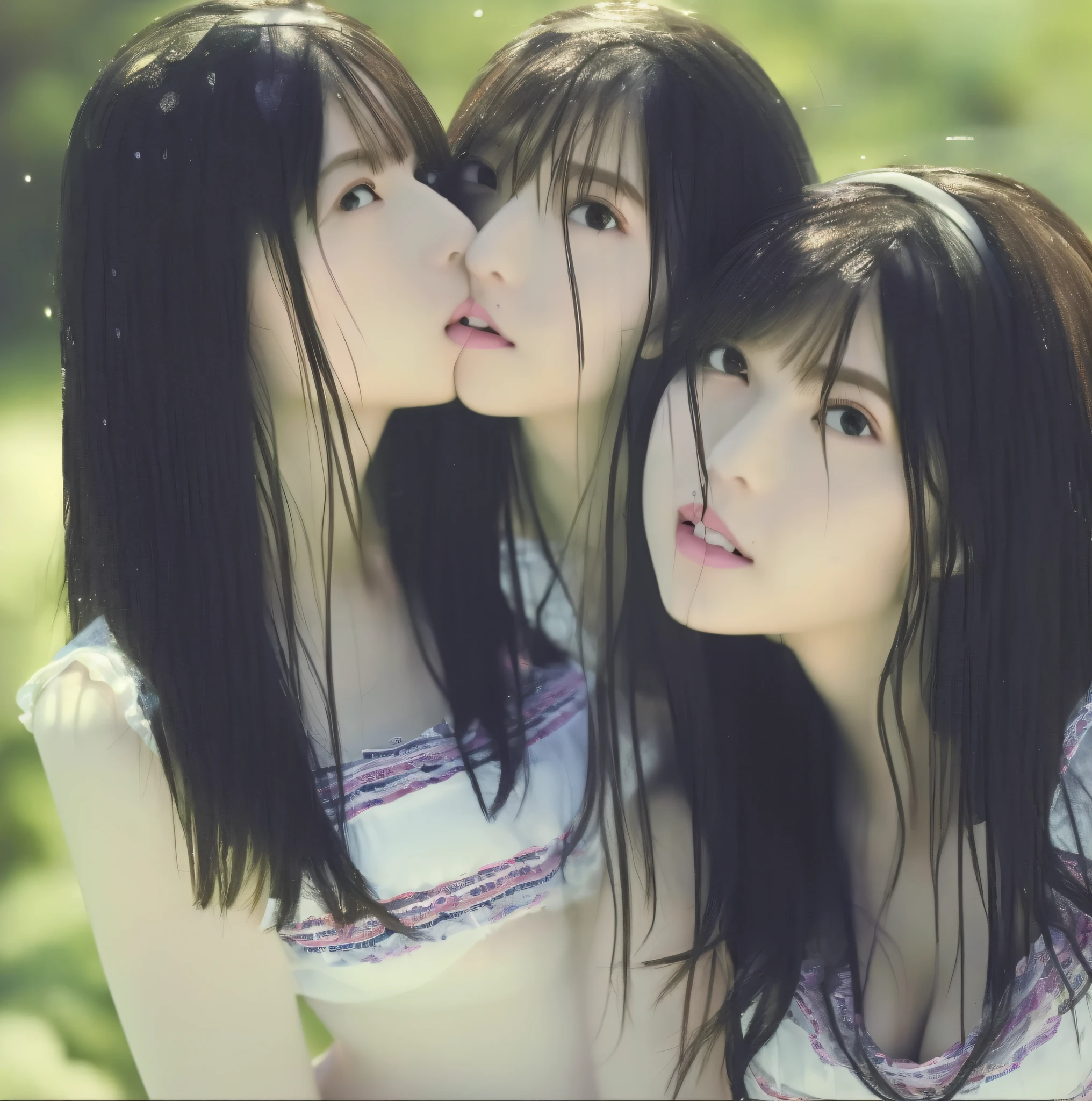 ((Masterpiece)), (Best Quality), (Details), 2girls, (Kiss: 1), Black Hair, Long Hair, Straight Hair, White Bikini, ((Small, Wet, See-through: 1.5, Beauty Face, Lace, Legs, Ultra High Definition, Lush Breasts, Cleavage, Delicate, Lesbian Kiss,