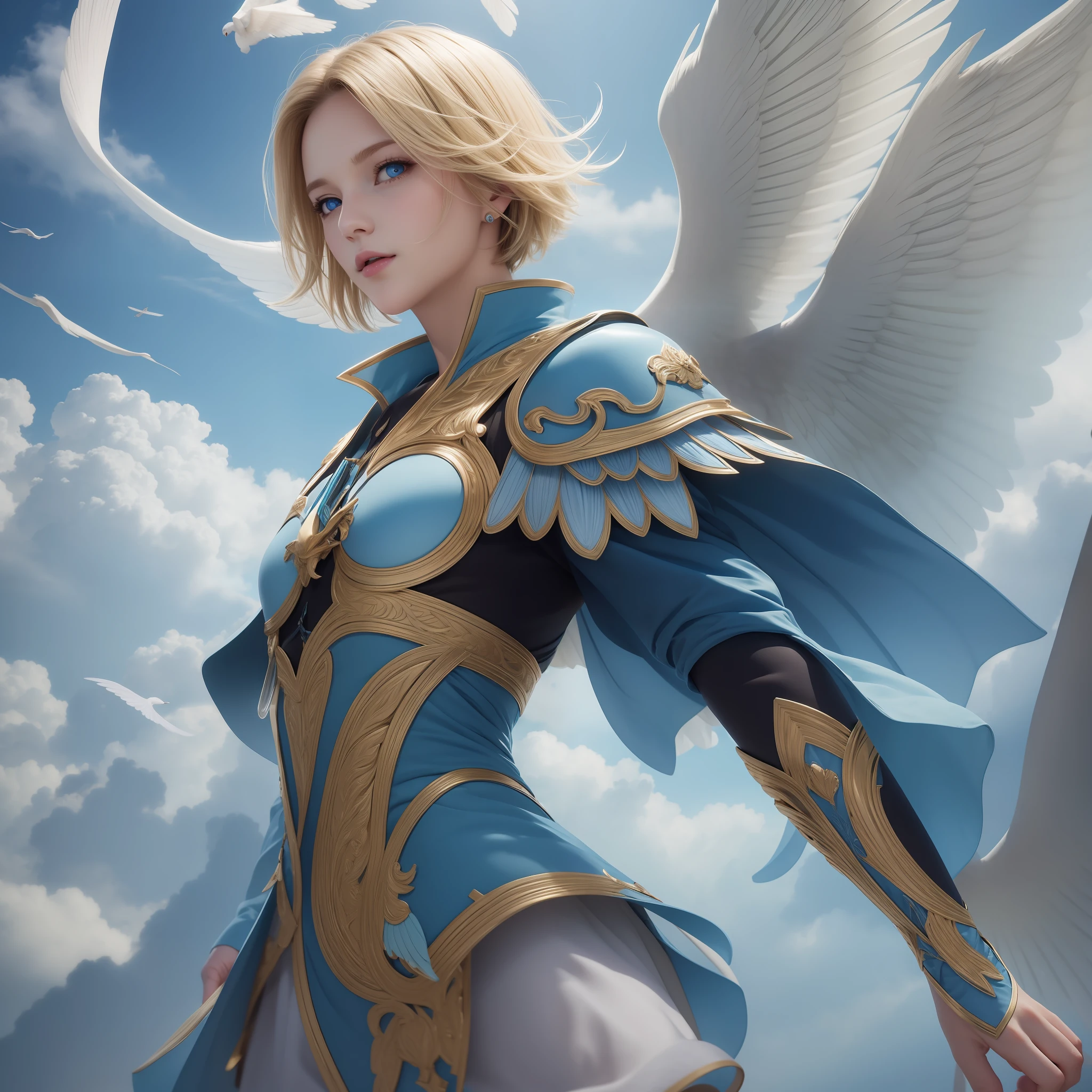 (Masterpiece) 8K resolution, beautiful boy flying with big wings, blonde short bob hair, ash blue eyes, kind face, fantasy style,