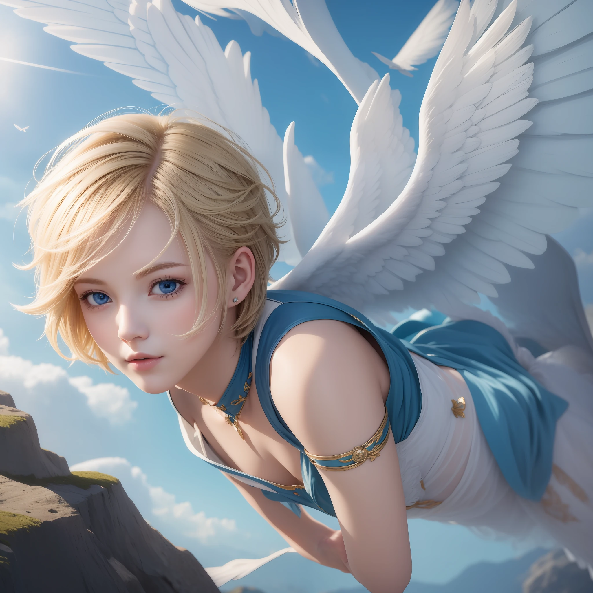 (Masterpiece) 8K resolution, beautiful boy flying with big wings, blonde short bob hair, ash blue eyes, kind face, fantasy style,
