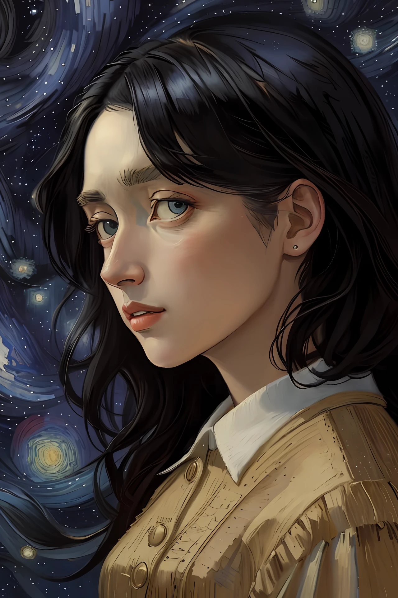 A painting by van gogh based on the starry night painting where a girl with black hair, long hair, a birth sign on the cheek, realistic, profile, lips, closed mouth, shirt, nice fingers, full body,