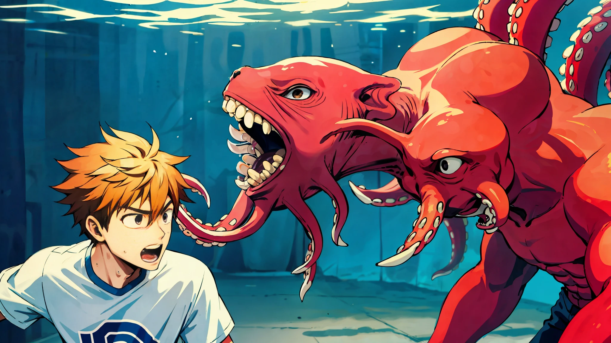 A ager fights with monsters, entanglement, body collision, monsters, role-playing game, heartbreak, octopus, tentacles, grab attack, absorb, octopus tentacles grab teens, octopus absorbs boy's sweat, octopus grabs teens, tboys, half swallows, eats, tentacles entangled, transparent mucus, runny mucus, water, wet, sports teenagers, mn teens, short haiys, sneakers, boys, wheezing, pain and enjoyment expression, struggle, danger, emergency, resistance, fighting, horror, closeup, real, high quality,8K,pixiv