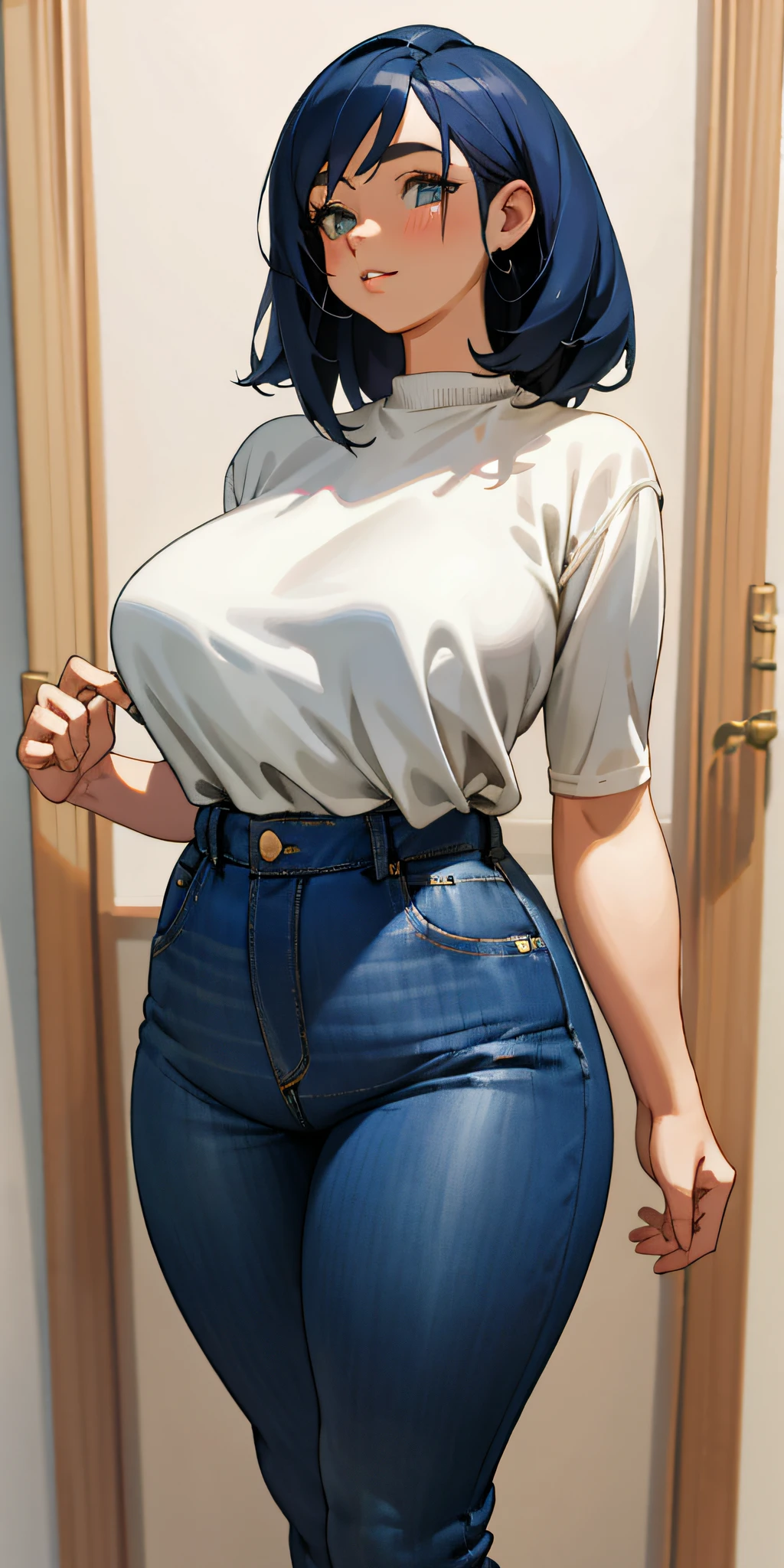 Masterpiece, best quality, woman naked upper body, blue jeans bottom, plump figure
