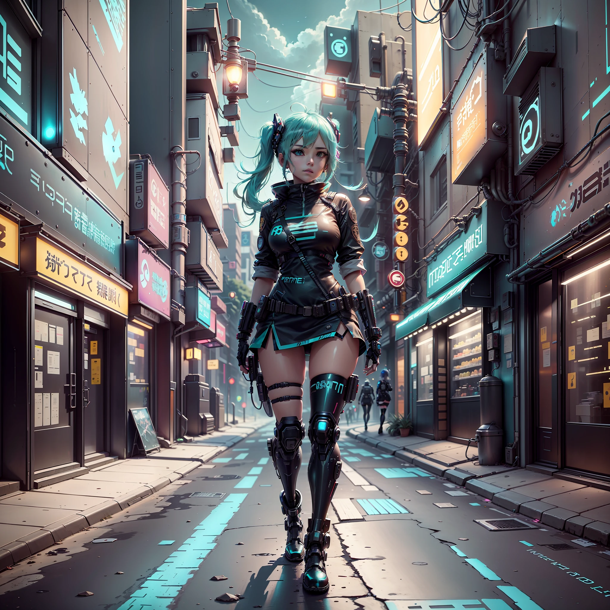 woman in police uniform walking down a street, Hatsune Miku cosplay, female cyberpunk anime girl, cyberpunk anime, cyberpunk anime girl, anime cosplay, cyberpunk girl, anime girl in real life, cyberpunk streets in, cyberpunk style, cyberpunk outfit, has cyberpunk style, oppai cyberpunk, full cosplay --auto --s2