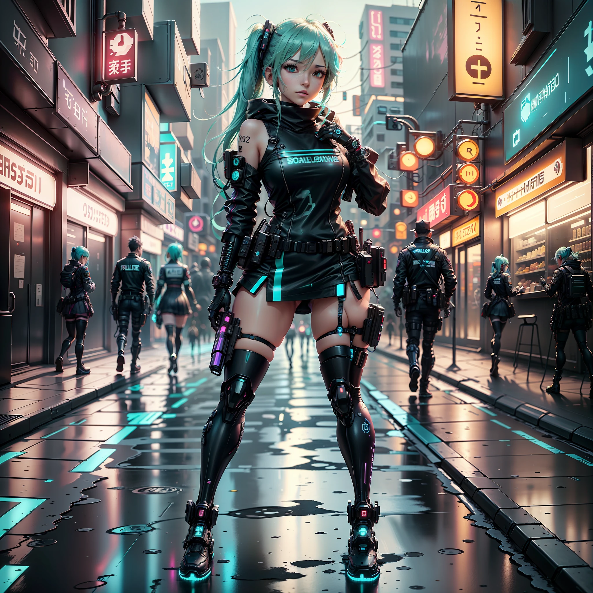 woman in police uniform walking down a street, Hatsune Miku cosplay, female cyberpunk anime girl, cyberpunk anime, cyberpunk anime girl, anime cosplay, cyberpunk girl, anime girl in real life, cyberpunk streets in, cyberpunk style, cyberpunk outfit, has cyberpunk style, oppai cyberpunk, full cosplay --auto --s2
