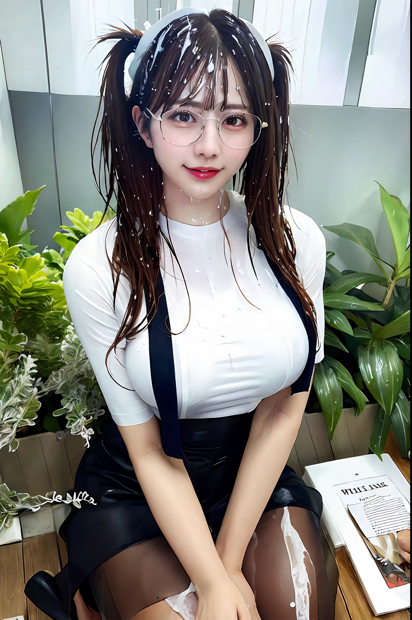 (((soaked white shirt)))), big breasts, open clothes, glasses