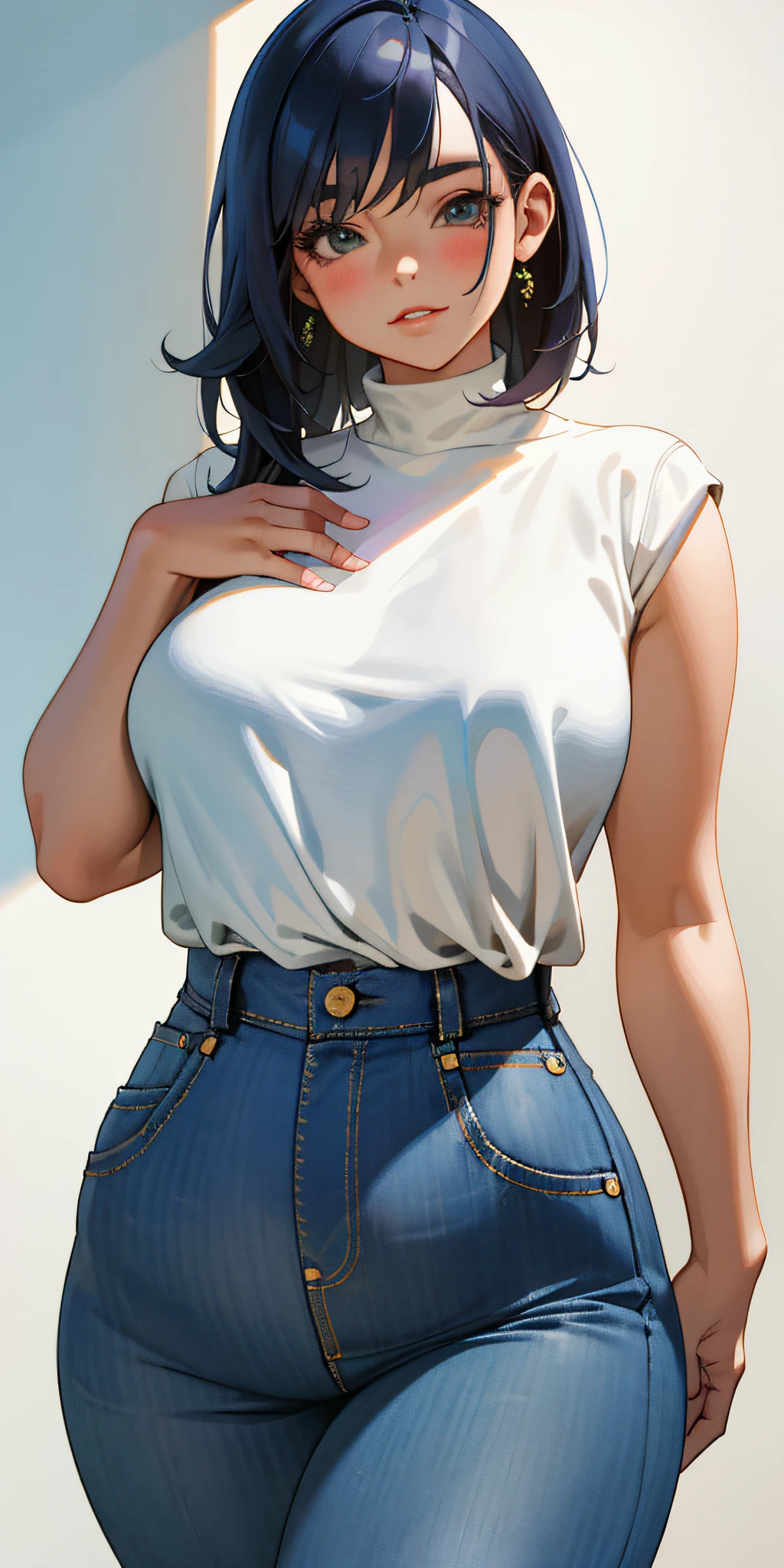 Masterpiece, best quality, woman naked upper body, blue jeans bottom, plump figure