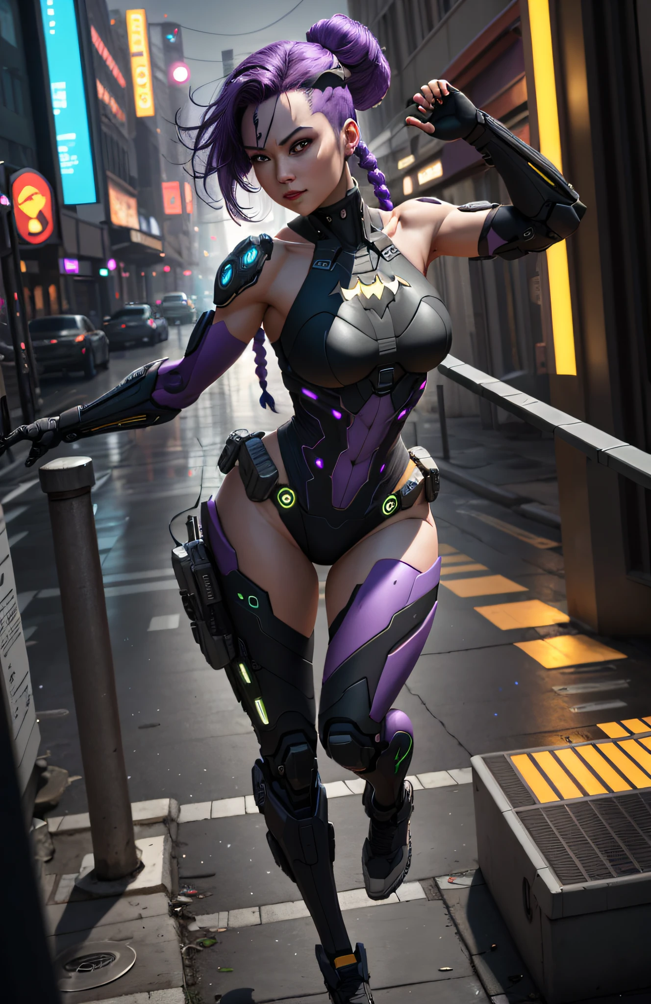 (Best Quality)), ((Masterpiece)), (Very Detailed: 1.3), 3D, Beautiful cyberpunk woman, batman cosplay, sci-fi technology, HDR (High Dynamic Range), ray tracing, nvidia RTX, super resolution, unreal 5, subsurface scattering, PBR texture, post-processing, anisotropic filtering, depth of field, maximum sharpness and sharpness, multi-layer texture, specular and albedo mapping, surface shading, accurate simulation of light-material interactions,  perfect proportions, octane rendering, duotone lighting, low ISO, white balance, rule of thirds, wide aperture, 8K RAW, high efficiency subpixels, subpixel convolution, light particles, light scattering, Tyndall effect, very sexy bikini, full body, battle pose, purple hair with braids,