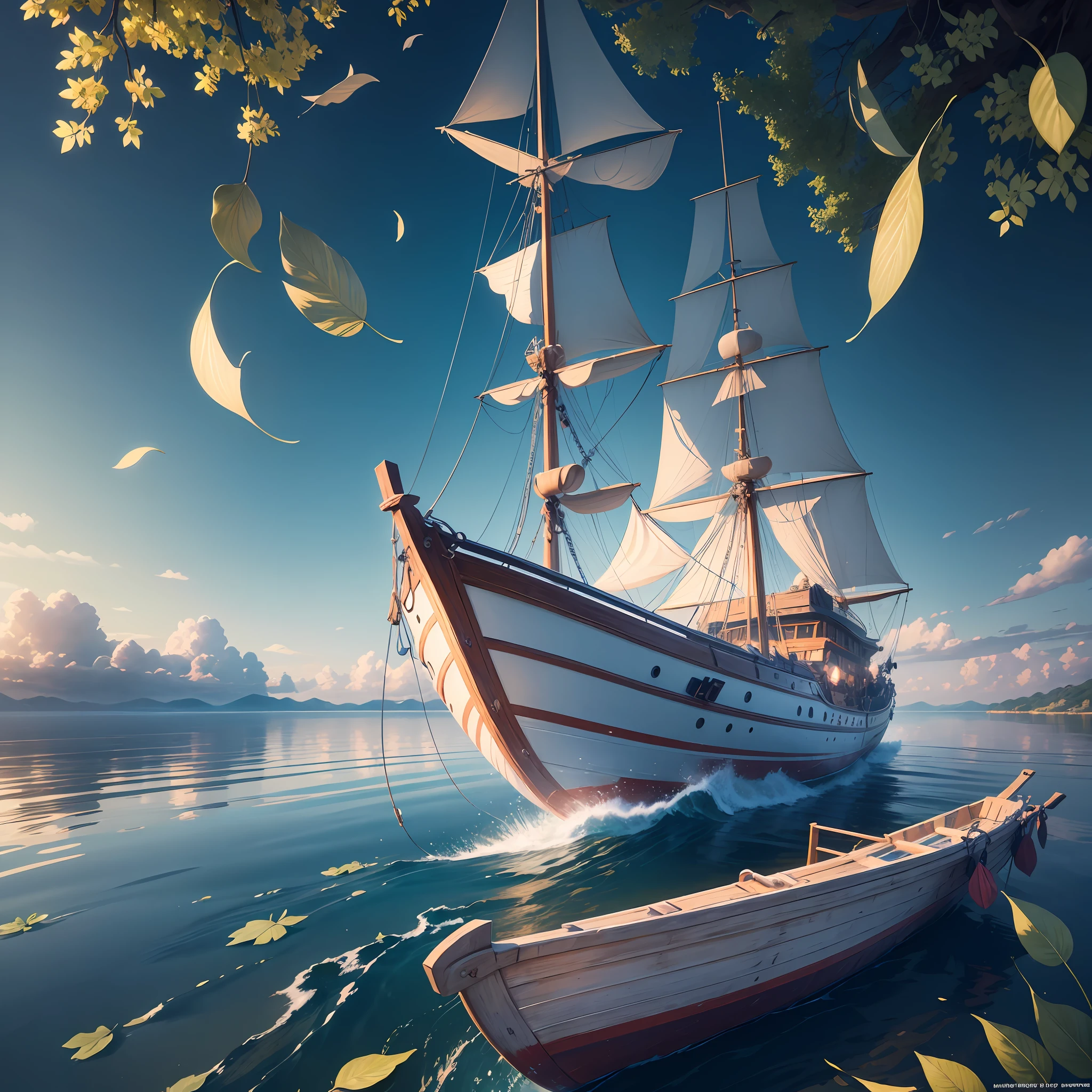 Masterpiece, best quality, (very detailed CG Unity 8k wallpaper) (best quality), (best illustration), (best shadow) nature', blue sea, (boat) delicate leaves of various colors falling in air light tracking, super detailed --auto --v6 --s2