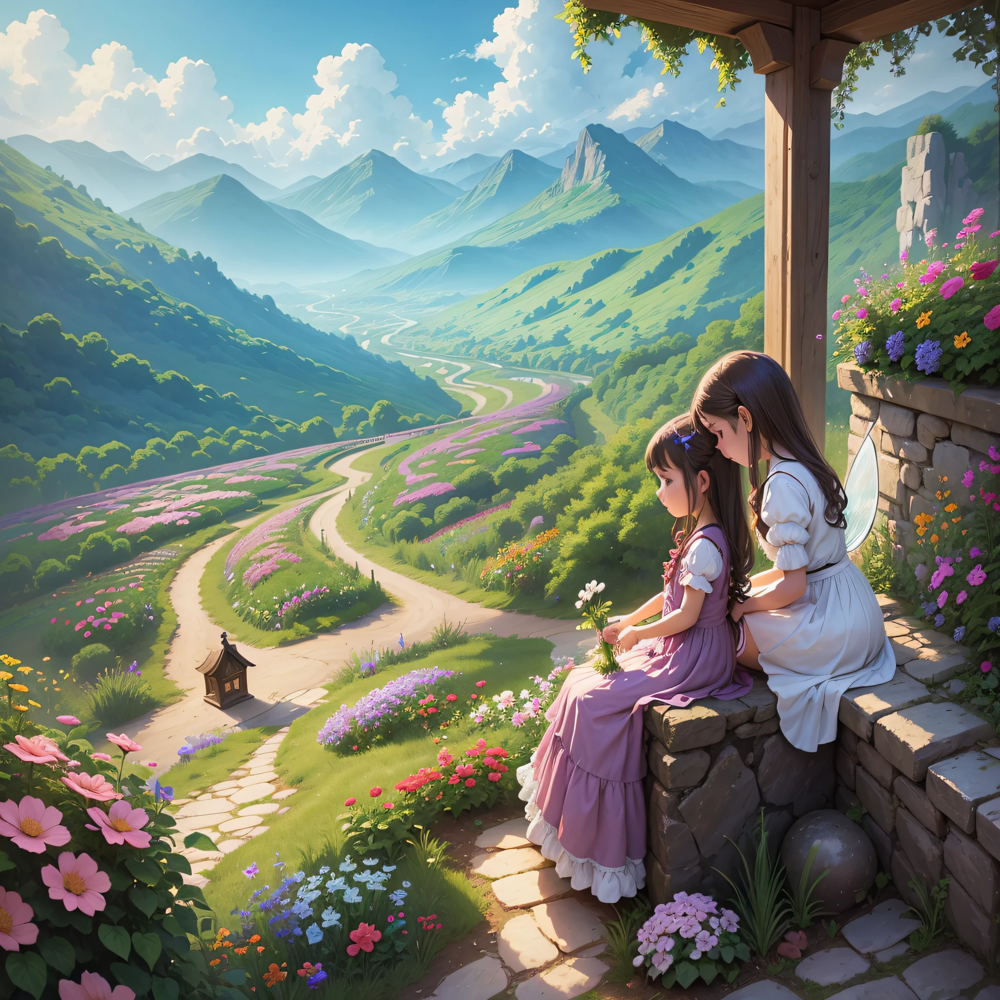 Little girl in long dress tending to her garden with beautiful flowers and a fairy with wonderful wings looking at the garden in the background a beautiful landscape of mountains bright colors beautiful design --auto --s2