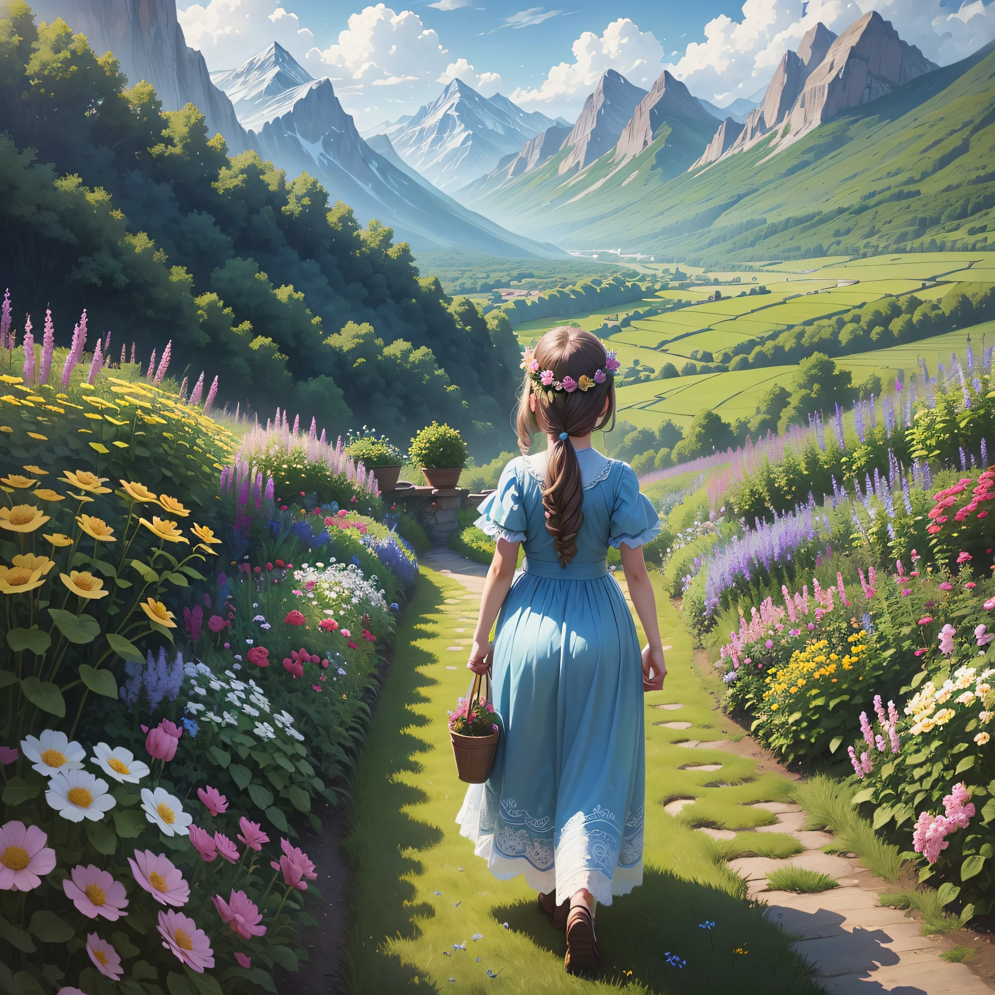 girl in long dress tending to her garden with beautiful flowers and a fairy with wonderful wings looking at the garden in the background a beautiful landscape of mountains bright colors beautiful design --auto --s2