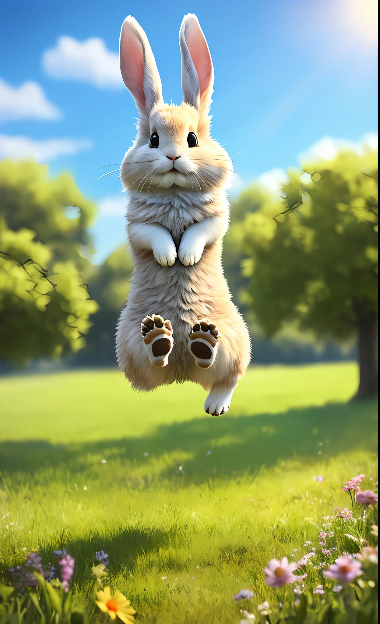 ((masterpiece, best quality)), soil, animal ears, fluffy rabbit, rabbit ears, jumping, grass, outdoor, full body, animal, sunlight, dappled, daytime, depth of field --v6