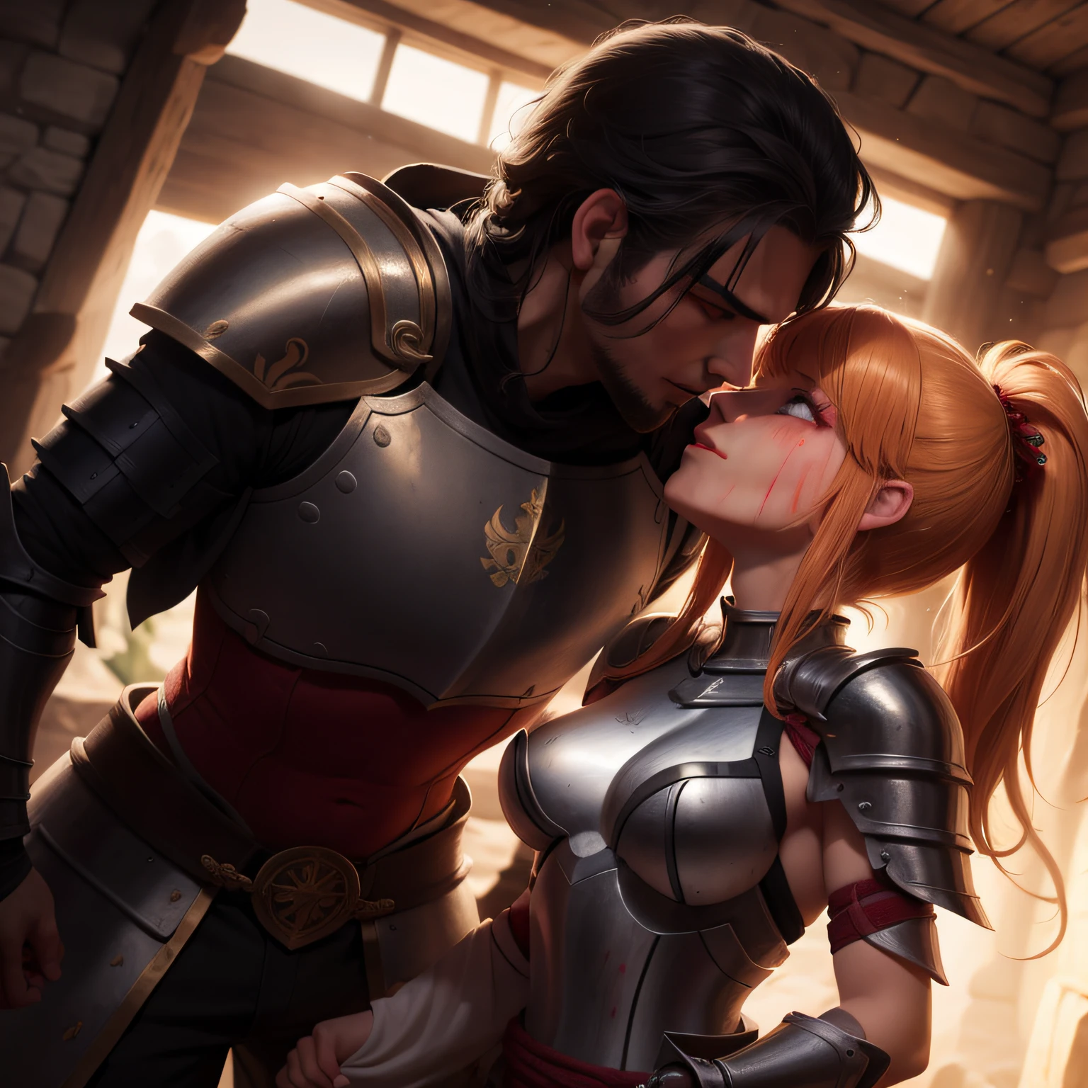 (masterpiece:1.2), (best quality:1.2), 1girl, 1man, a defeated female paladin with a short strawberry blonde pony tail rewards a gloating male bandit with black hair for his victory with her body, kissing, submitting, mature warrior woman, makeup, broken armor, sweat, blood, seductive eyes, aroused, undressing, surrender, bulge, victorious male, spoils of war, athletic woman, cinematic, high detail, beautiful face