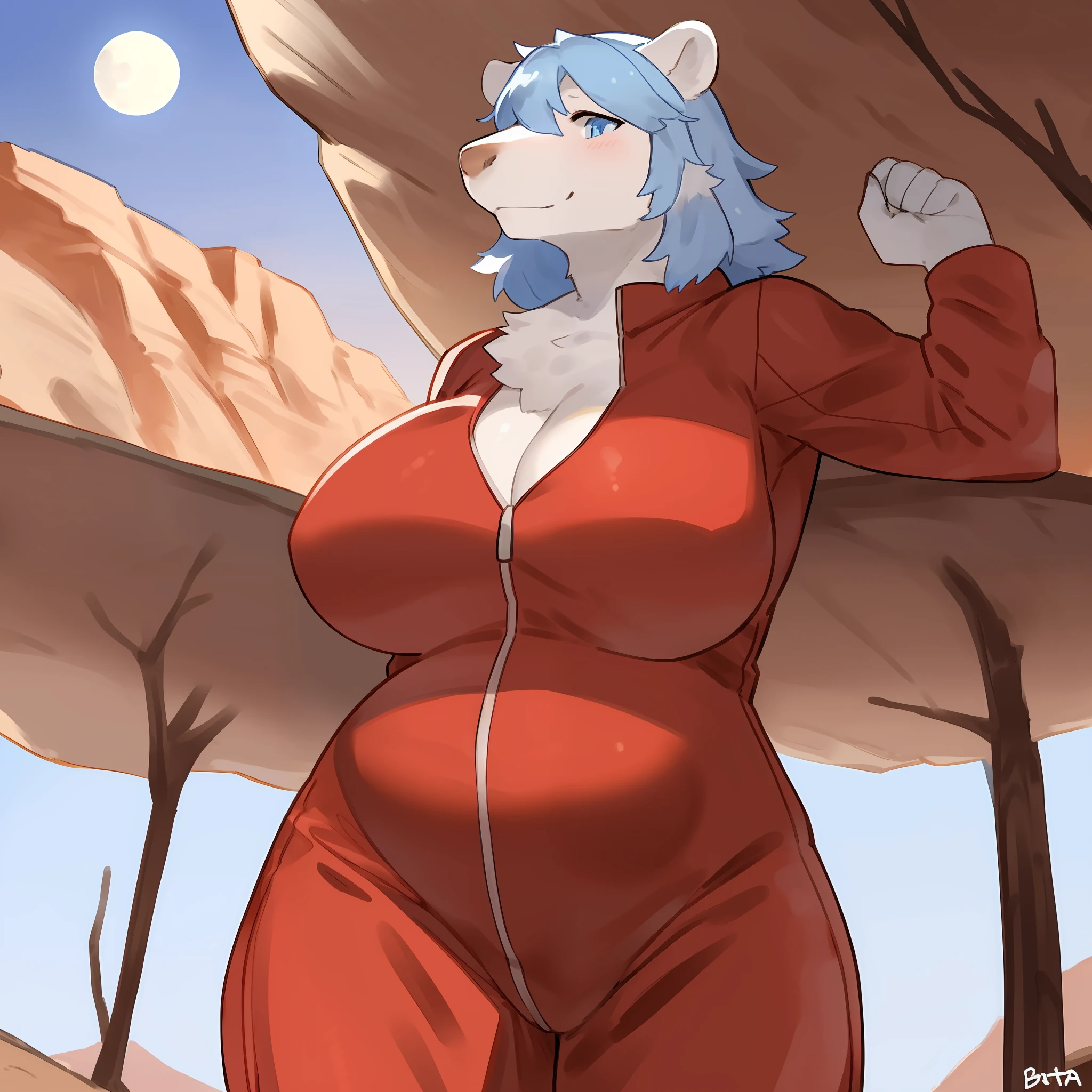 Polar bear, solo, female, overweight, muscular, fat, big biceps, big breasts, saggy breasts, mature female, old, white fur, light blue hair, wavy hair, short hair, light blue eyes, detailed eyes, detailed hands, red jumpsuit, red spacesuit, standing, cameltoe, soft smile, big nose, (((snout, thick snout))), by buta99, by bebebebebe, desert, grey sky, cloudy, giant trees, red leaves, moon,