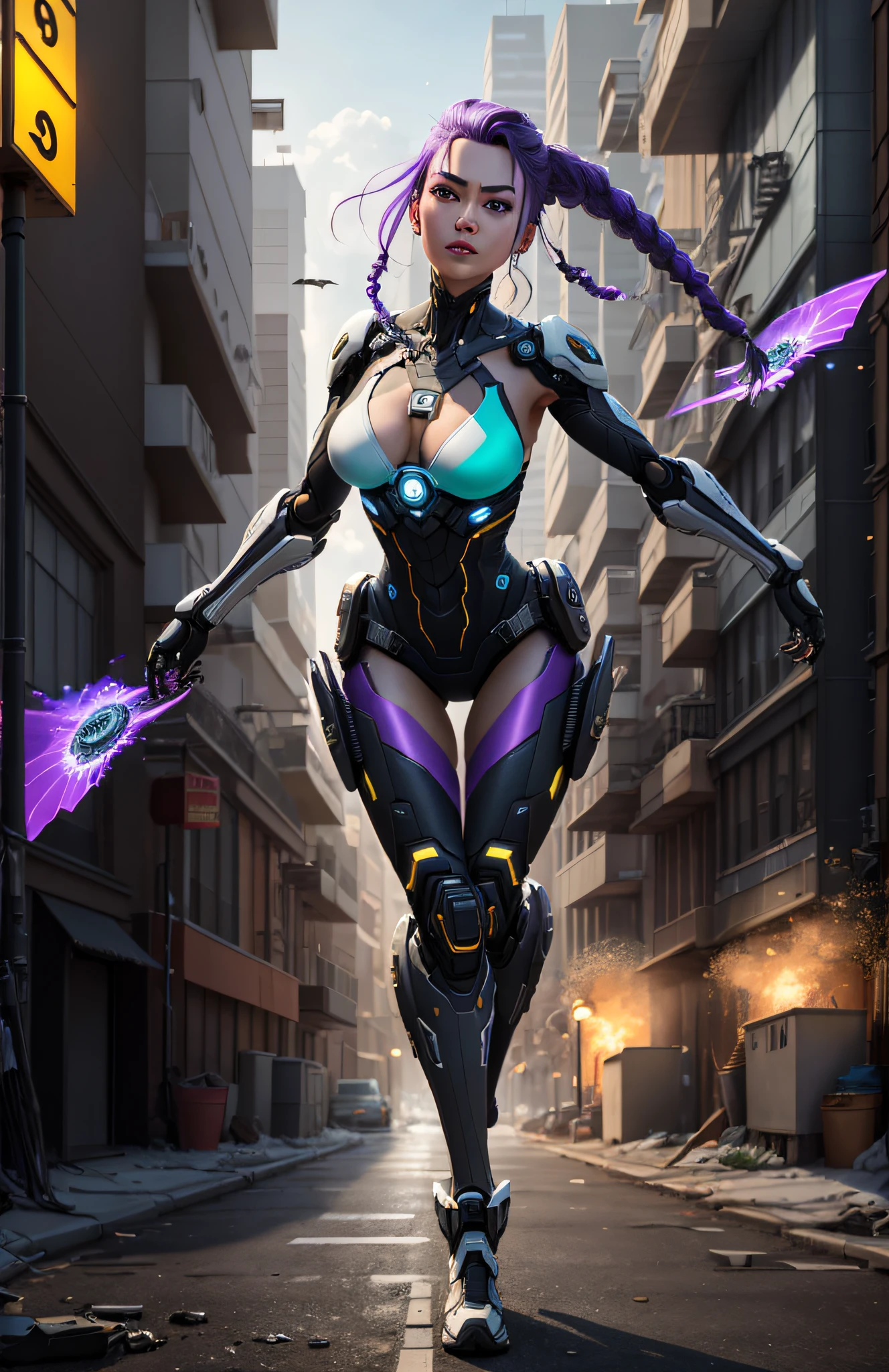 (Best Quality)), ((Masterpiece)), (Very Detailed: 1.3), 3D, Beautiful cyberpunk woman, batman cosplay, sci-fi technology, HDR (High Dynamic Range), ray tracing, nvidia RTX, super resolution, unreal 5, subsurface scattering, PBR texture, post-processing, anisotropic filtering, depth of field, maximum sharpness and sharpness, multi-layer texture, specular and albedo mapping, surface shading, accurate simulation of light-material interactions, perfect proportions, octane rendering, duotone lighting, low ISO, white balance, rule of thirds, wide aperture, 8K RAW, high efficiency subpixels, subpixel convolution, light particles, light scattering, Tyndall effect, very sexy bikini, full body, battle pose, purple hair with braids,