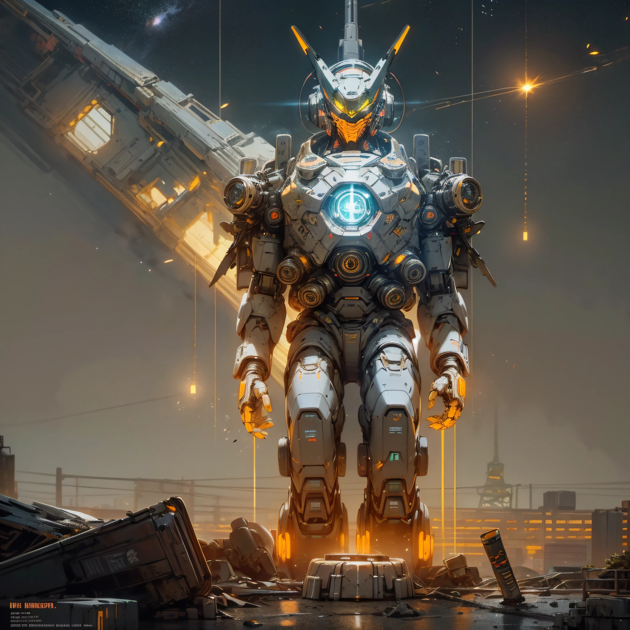 on the moon, Barren planet, Ruins, holding_weapon, no_humans, bioluminescence, cyborgs, build, glowing_eyes, orange mecha, science_fiction, cities, realitic, mecha, Milky Way Galaxy background, Neon Glow, cyber punk, steam punk --auto --s2
