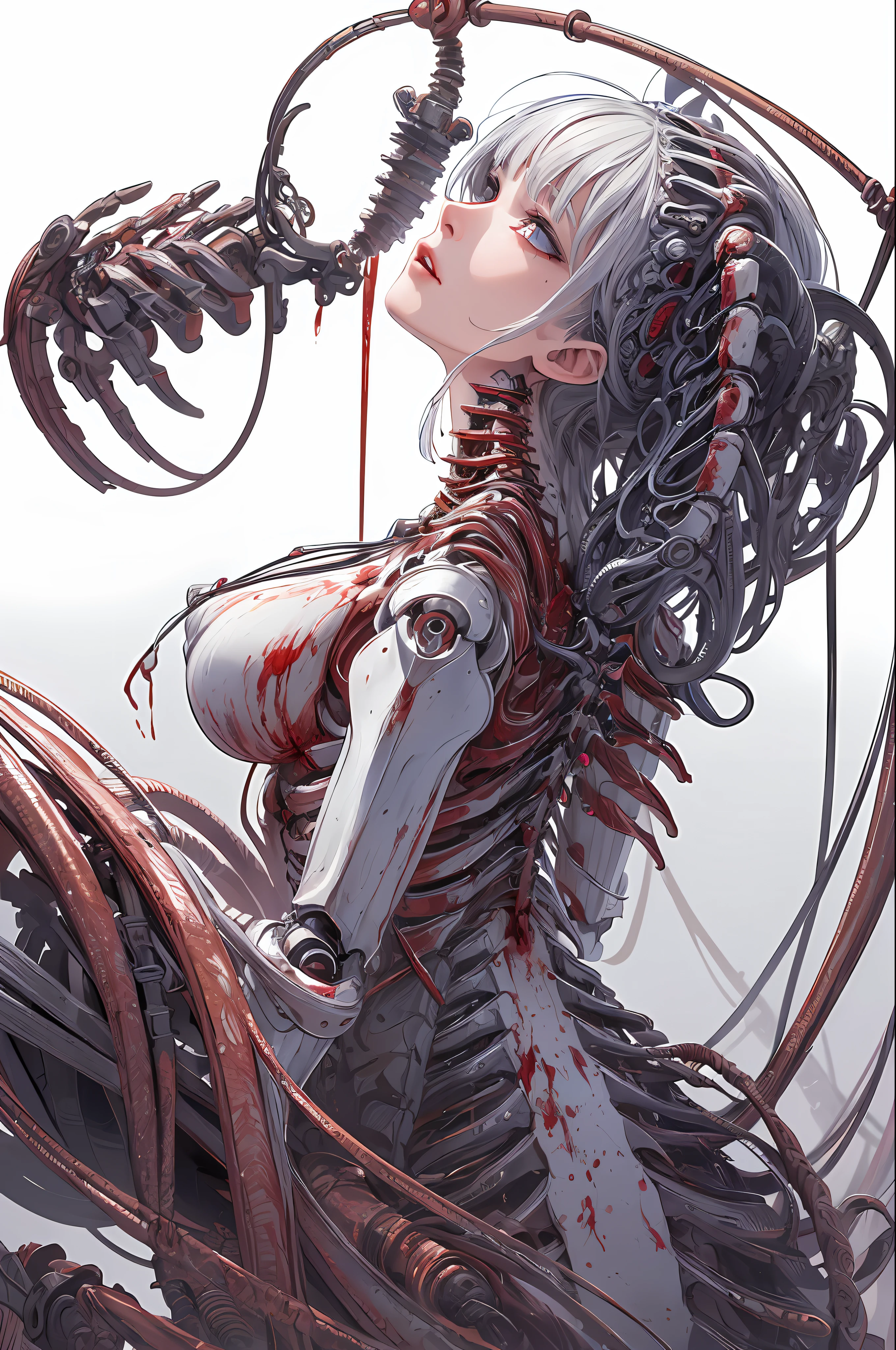 (masterpiece, top quality, best quality, official art, beautiful and aesthetic:1.2), (1girl:1.3), extreme detailed,colorful,highest detailed ((ultra-detailed)), (highly detailed CG illustration), ((an extremely delicate and beautiful)),(from side),cinematic light,((1mechanical girl)),solo,full body,(machine made joints:1.2),((machanical limbs)),(blood vessels connected to tubes),(mechanical vertebra attaching to back),((mechanical cervial attaching to neck)),(sitting),expressionless,(wires and cables attaching to neck:1.2),(wires and cables on head:1.2)(character focus),science fiction,white background,(blood:1.5)