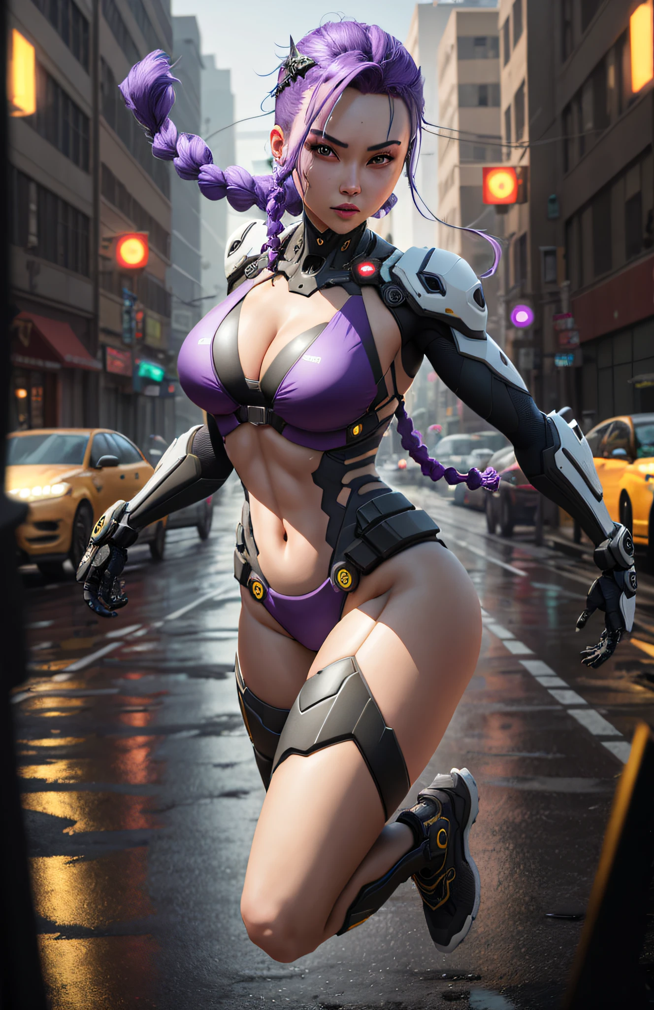 (Best Quality)), ((Masterpiece)), (Very Detailed: 1.3), 3D, Beautiful cyberpunk woman, batman cosplay, sci-fi technology, HDR (High Dynamic Range), ray tracing, nvidia RTX, super resolution, unreal 5, subsurface scattering, PBR texture, post-processing, anisotropic filtering, depth of field, maximum sharpness and sharpness, multi-layer texture, specular and albedo mapping, surface shading, accurate simulation of light-material interactions, perfect proportions, octane rendering, duotone lighting, low ISO, white balance, rule of thirds, wide aperture, 8K RAW, high efficiency subpixels, subpixel convolution, light particles, light scattering, Tyndall effect, very sexy bikini, full body, battle pose, purple hair with braids,
