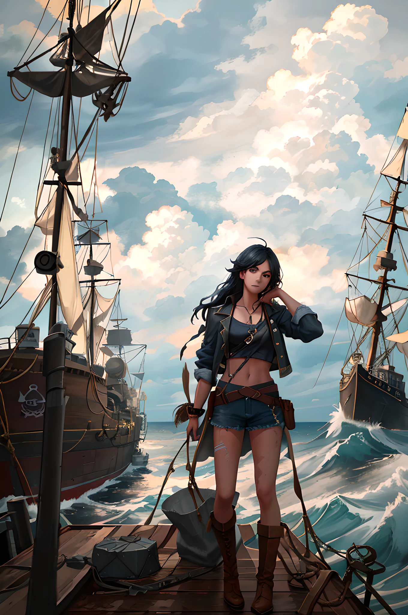 Dramatic lighting, high quality, cinematic photographs (charming Anne Bonnie, wearing dirty tattered pirate clothes, standing on the deck of a pirate ship anchored in a Caribbean port), dirty, dark atmosphere, toned body, (torn clothes: 0.8), perfect face looking at the viewer, [thin skin], [freckles], (dirty), (muddy)), (storm clouds: 0.7), (stormy weather: 0.5), dull natural light,   (Direct light: 0.4), 8mm film grain, shot with Sony a9 II, 24mm lens, f/2.8 aperture, deep focus, (RAW), 8K, (still from Lost Pirates Kingdom) at night with storm in the background with high waves