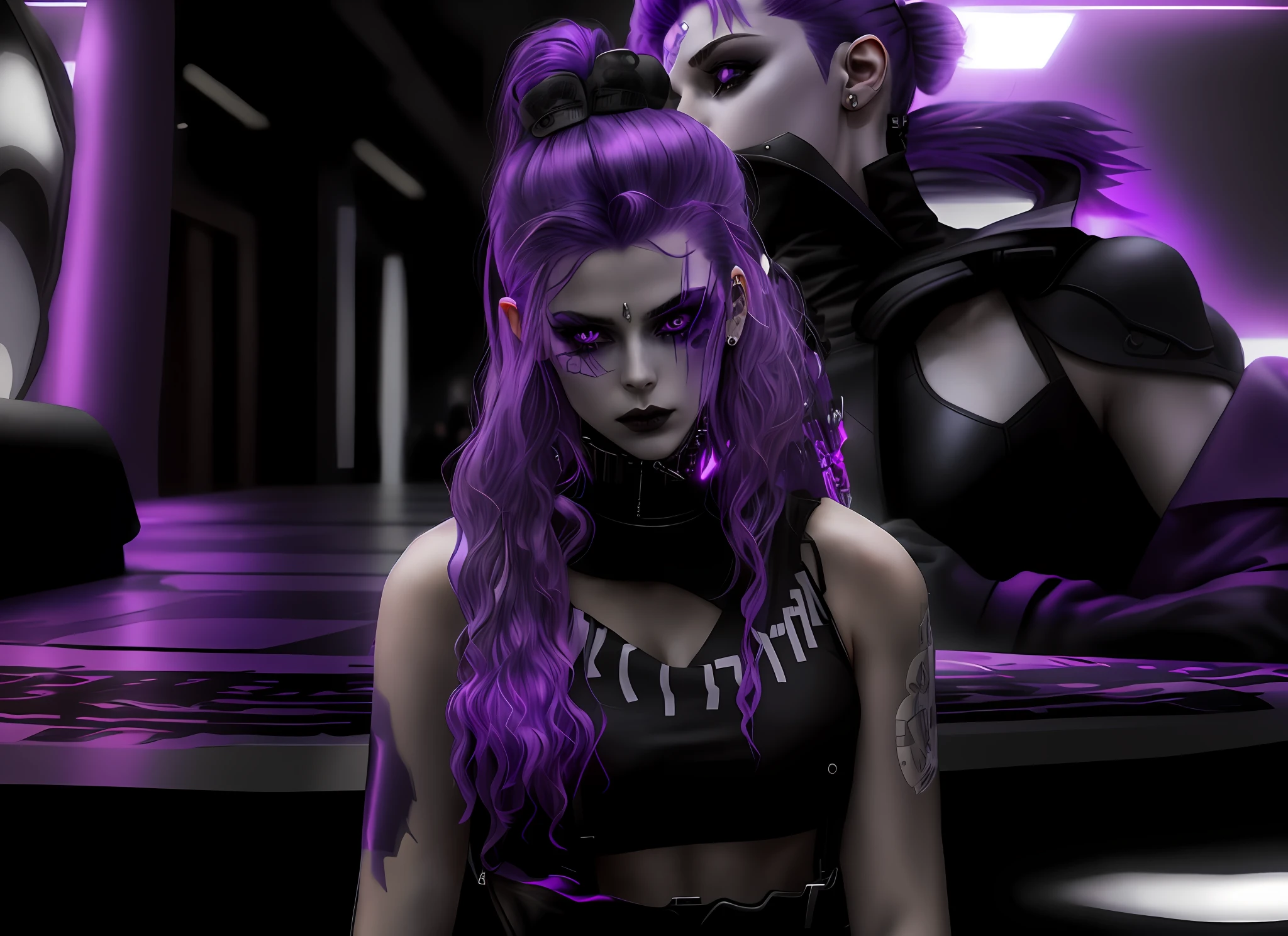 There's a woman with purple hair and a white top, dark purple and cybernetic hair, mall goth, dystopian grunge, goth girl, detailed punk hair, crow hair, she's got purple hair, grungy goth, evil princess of the wasteland, goth woman, menacing look, gothic horror vibes, cyberpunk dyed haircut, sensual dark style, gothic vibe, DETAILED REALISTIC PHOTO