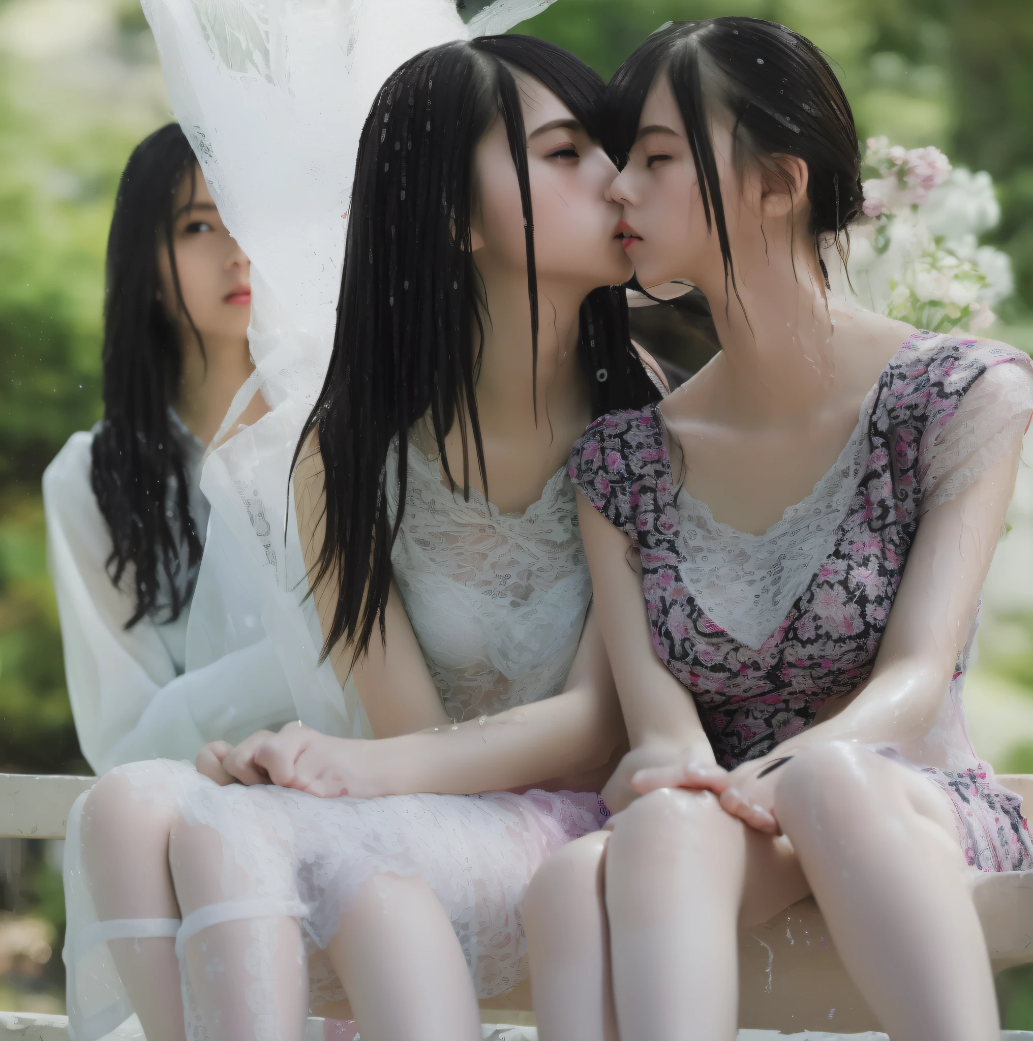((Masterpiece)), (Best Quality), (Details), 8girls, (Kiss: 1), Black Hair, Long Hair, Straight Hair, White Bikini, ((Small, Wet, See-through: 1.5, Beauty Face, Lace, Legs, Ultra HD, Lush Breasts, Cleavage, Delicate, Lesbian Kiss,