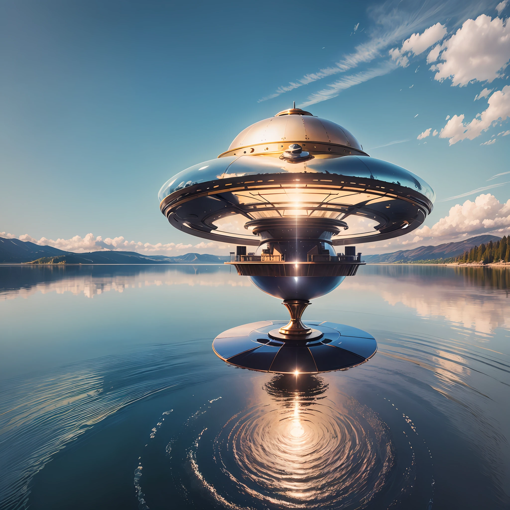 Super realistic metallic flying saucer, with beautiful light details, flying over a lake and reflecting on it. Blue sky with few clouds. --auto --s2