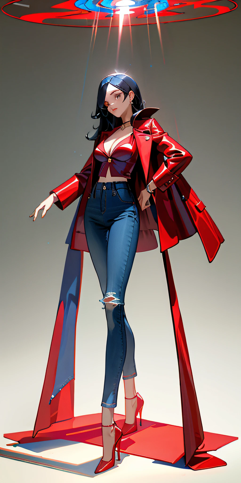 Masterpiece, best quality, woman upper transparent coat, red bra, blue jeans on the bottom, black high heels, full figure