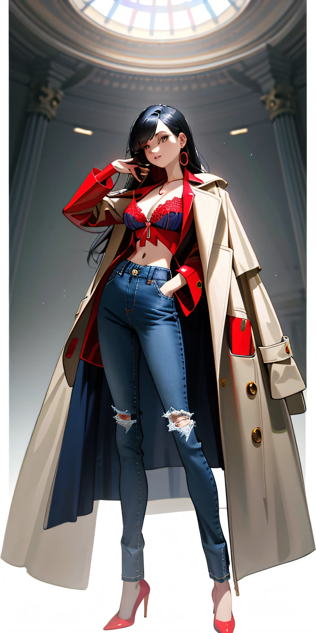 Masterpiece, best quality, woman upper transparent coat, red bra, blue jeans on the bottom, black high heels, full figure