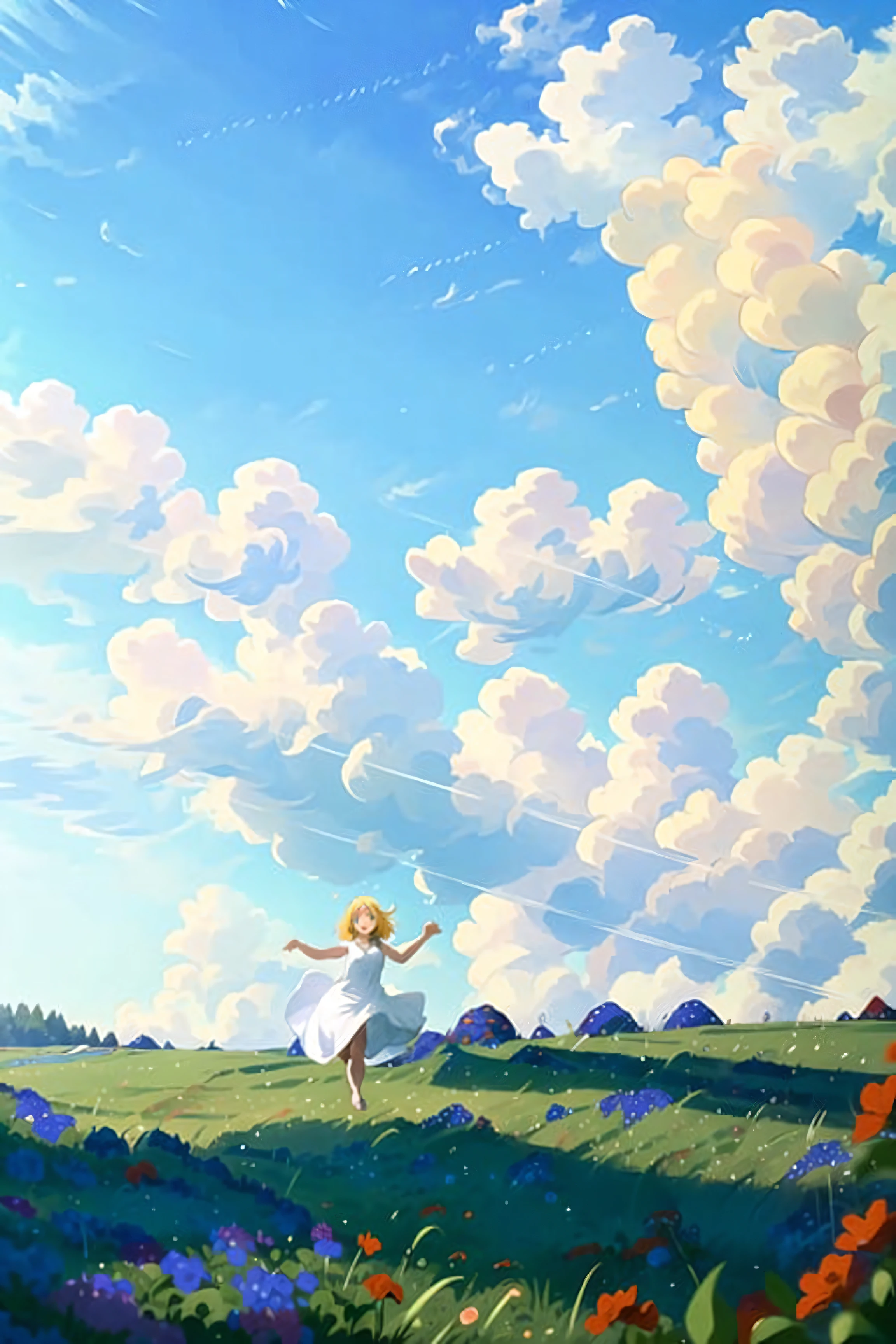 1girl,mature female,flowers,blonde hair, green eyes, arms out, white dress, running,full body, grass, hill, field, depth of field, red flower, blue flower, yellow flower, purple flower, hair flower,  light rays, warm lighting, detailed lighting, clouds, blue sky, solo focus, solo