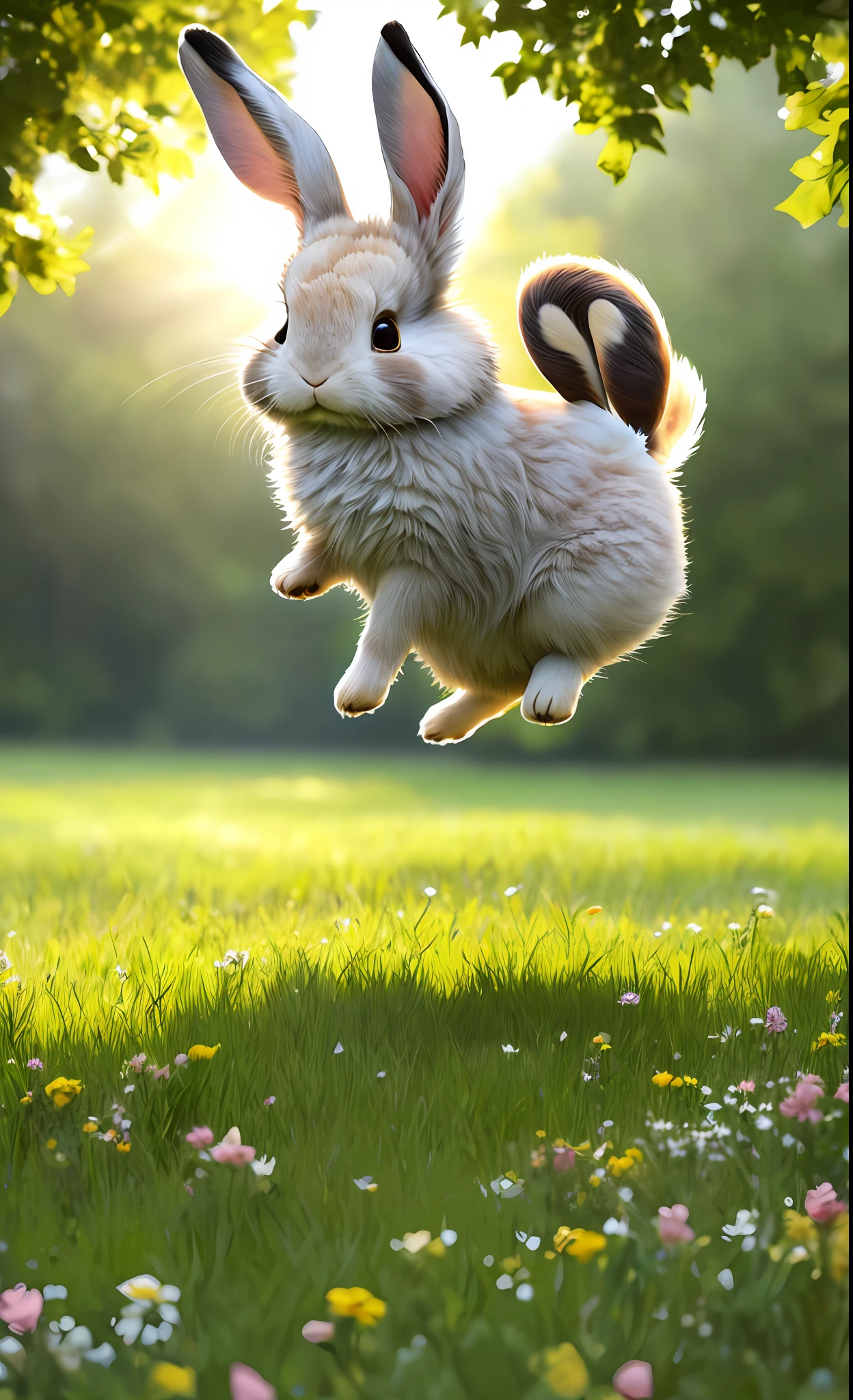 ((masterpiece, best quality)), soil, animal ears, fluffy rabbit, rabbit ears, jumping, grass, outdoor, full body, animal, sunlight, dappled, daytime, depth of field --v6