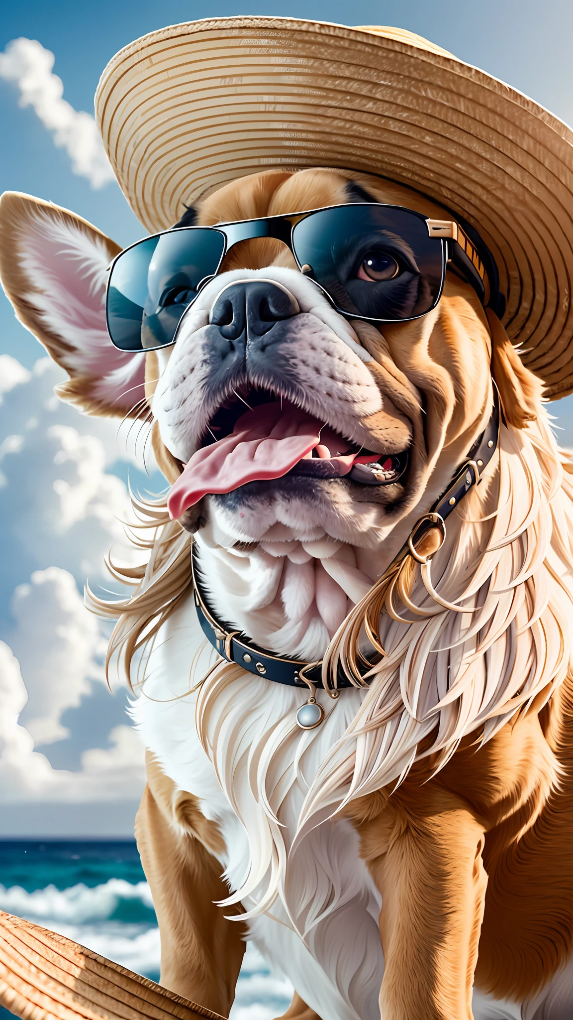 A french bulldog, sitting, close up of head, wearing straw hat, sunglasses, mismatched pupils, maniacal laughing expression, facing the camera, composition of identity card photo, genuine fur, high quality fur, detailed fur detail, sea background, sky, clouds, high quality background, high background detail, soft sunlight, close up, DSLR camera photography, film graininess, masterpiece,, hyper detail, best quality, cinematic lighting, realistic, UHD, ccurate, anatomically correct, high quality, 8k